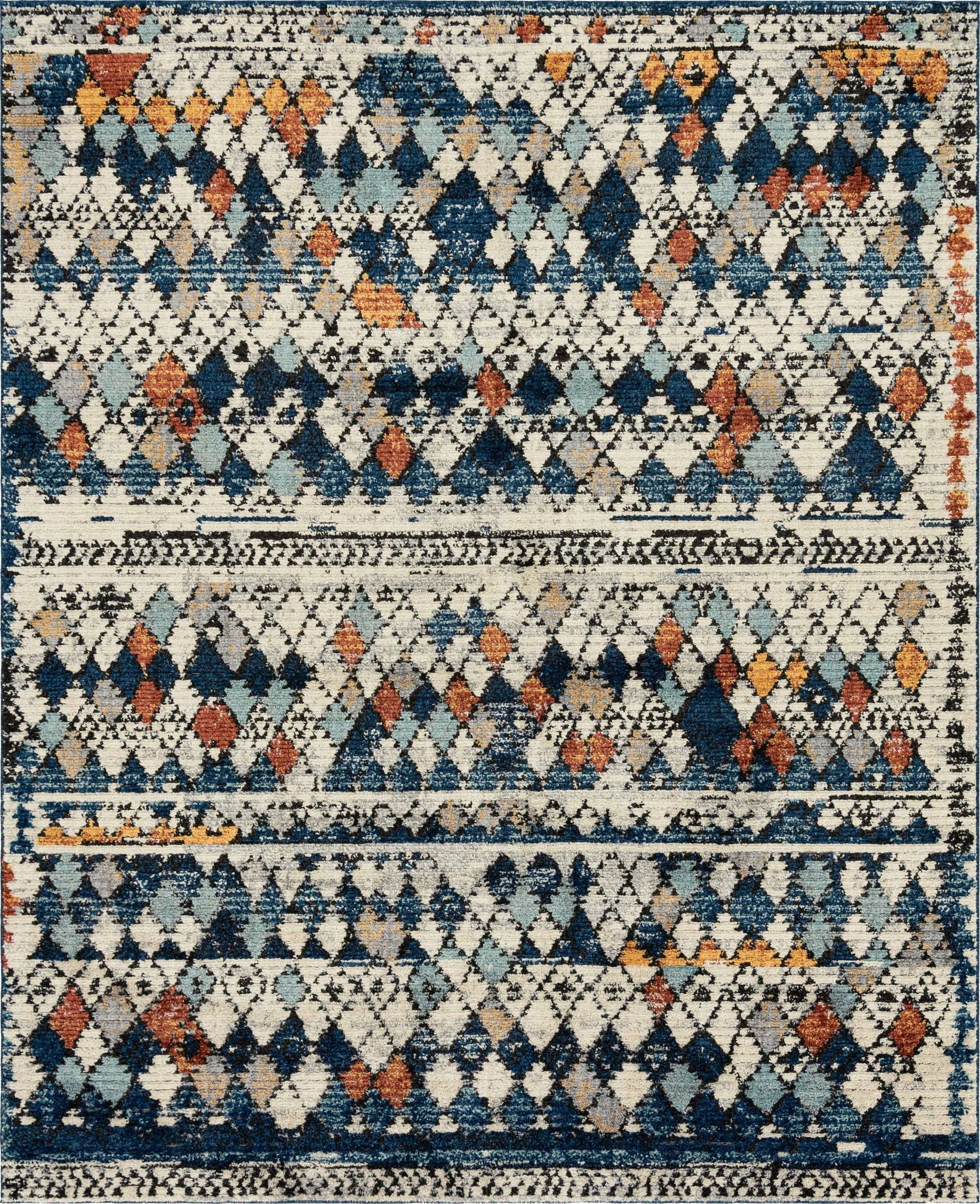 A multi-colored 8x10 rectangular shag rug featuring a tribal diamond pattern in shades of blue, orange, and cream.