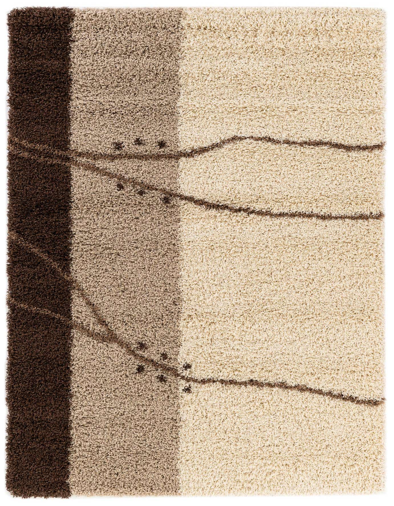 A 5x7 rectangular shag rug with horizontal stripes in dark brown, light brown, and cream, accented by thin, wavy dark brown lines and small dots.