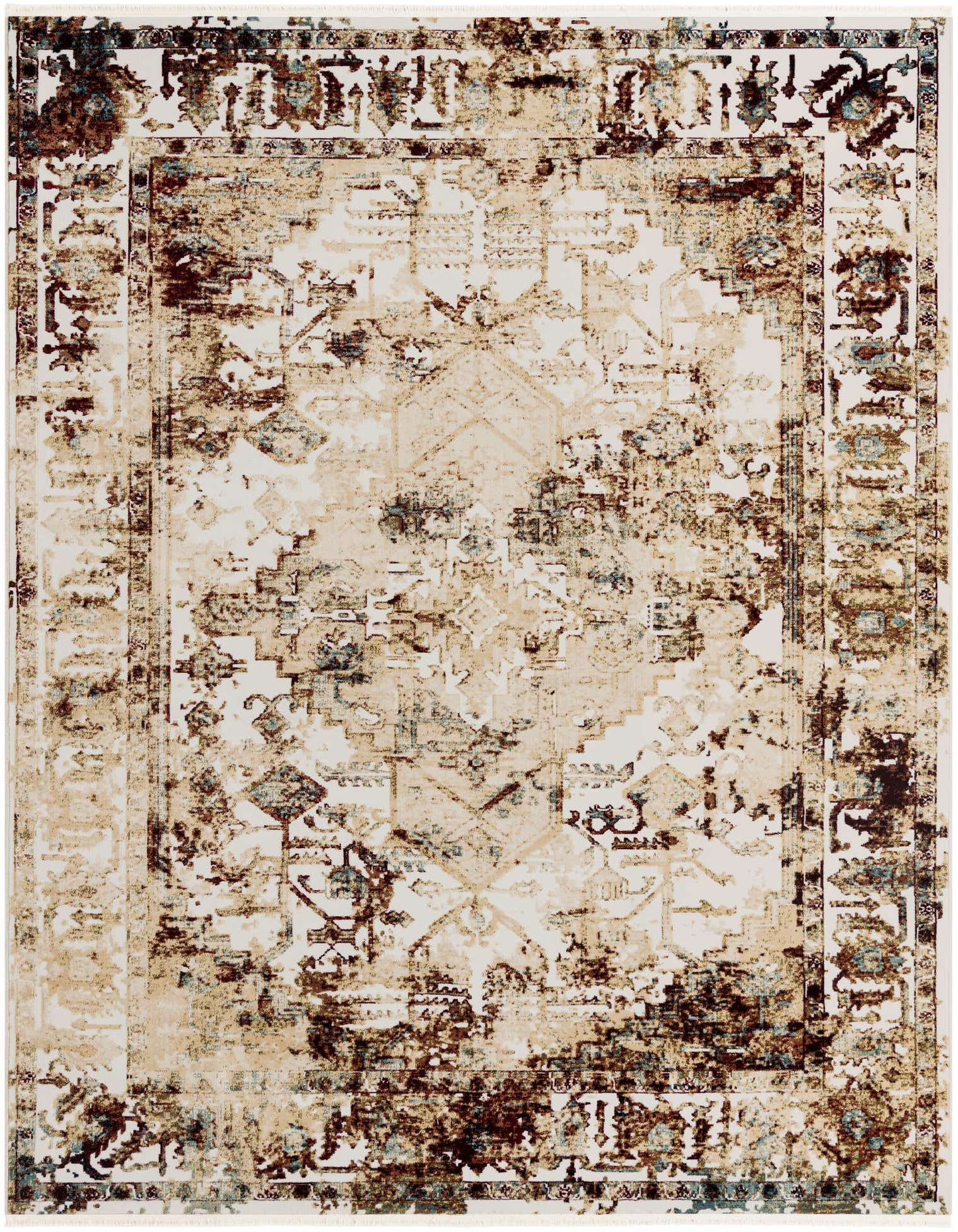 A rectangular 8x10 multi-colored rug with a distressed traditional pattern in shades of brown, beige, and hints of blue, suitable for a living room.