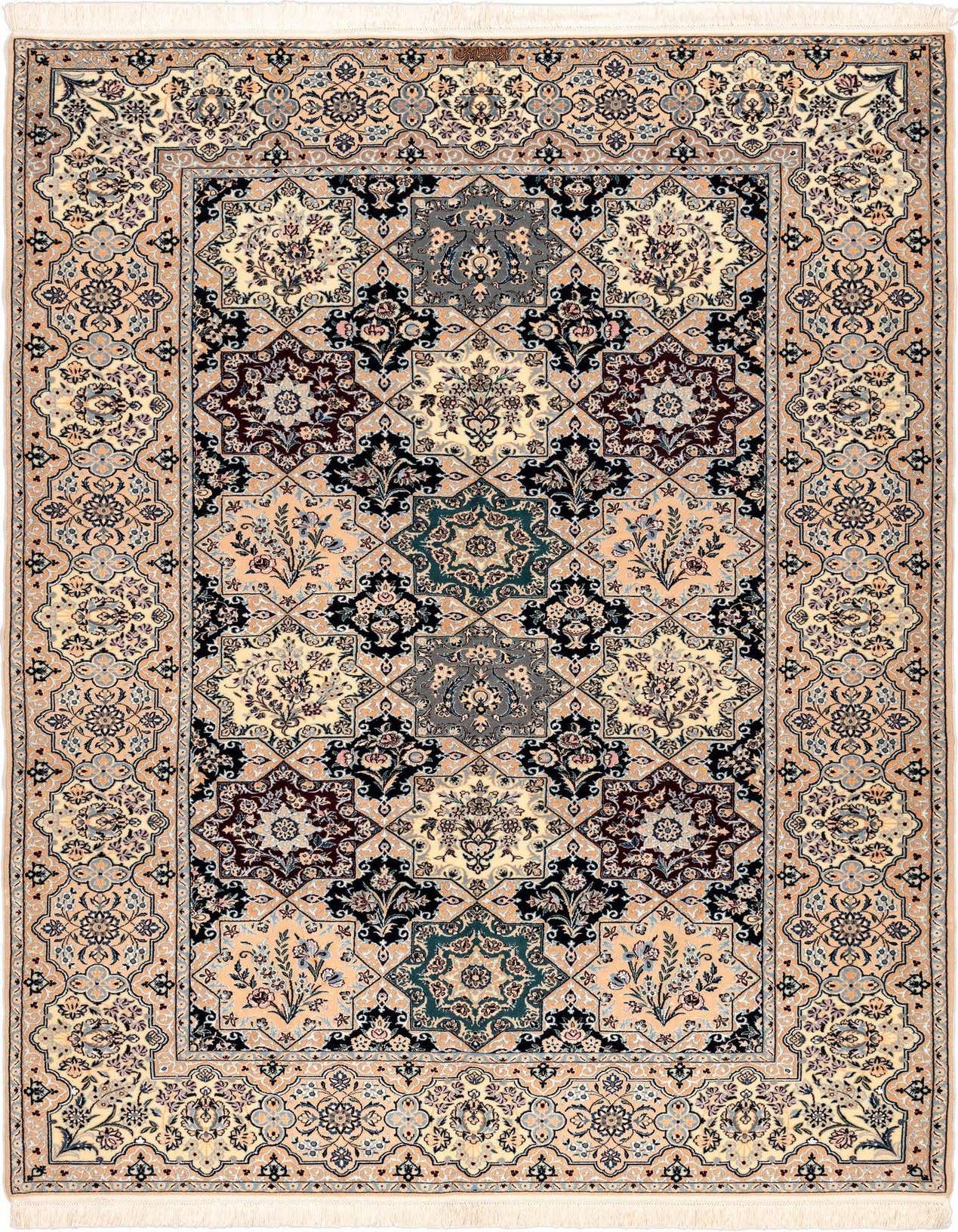 A 6x9 rectangular multi-colored wool and silk rug with a complex traditional floral and medallion pattern.
