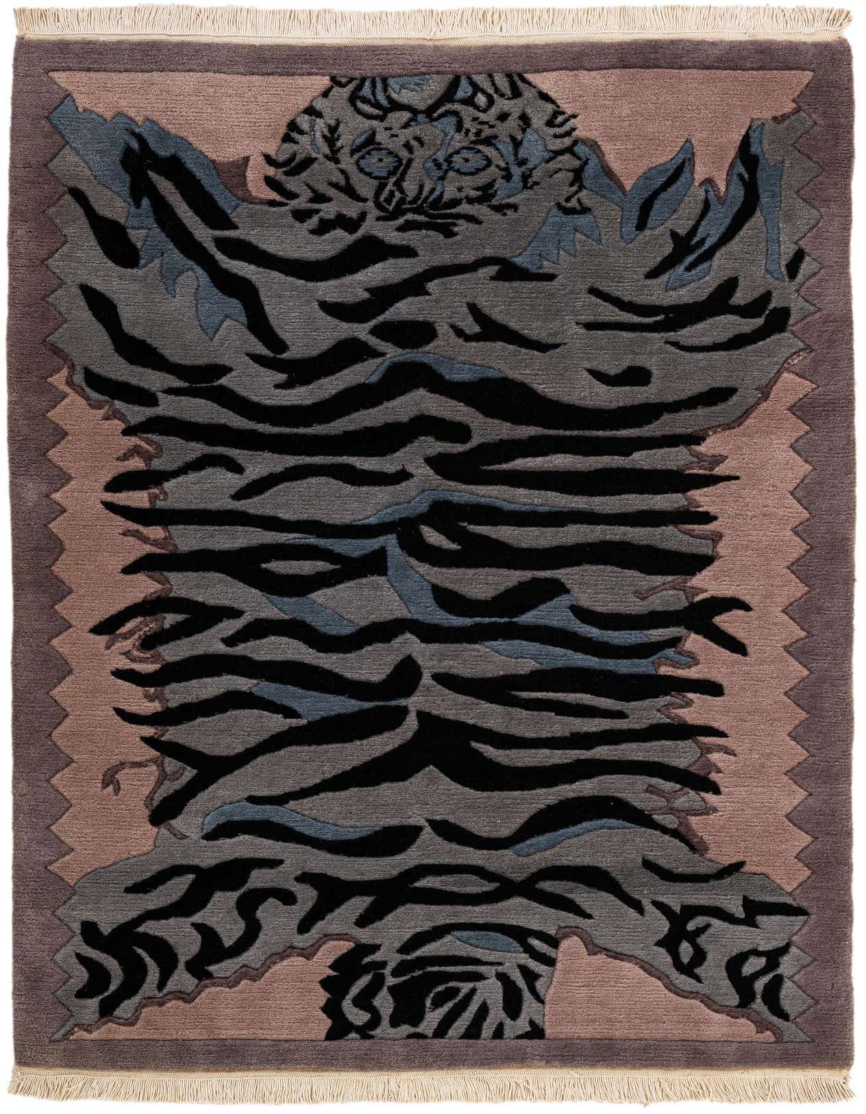 A 4x6 multi-colored wool rug featuring a modern tiger pattern in black, grey, and blue on a pinkish-brown background, with fringe.