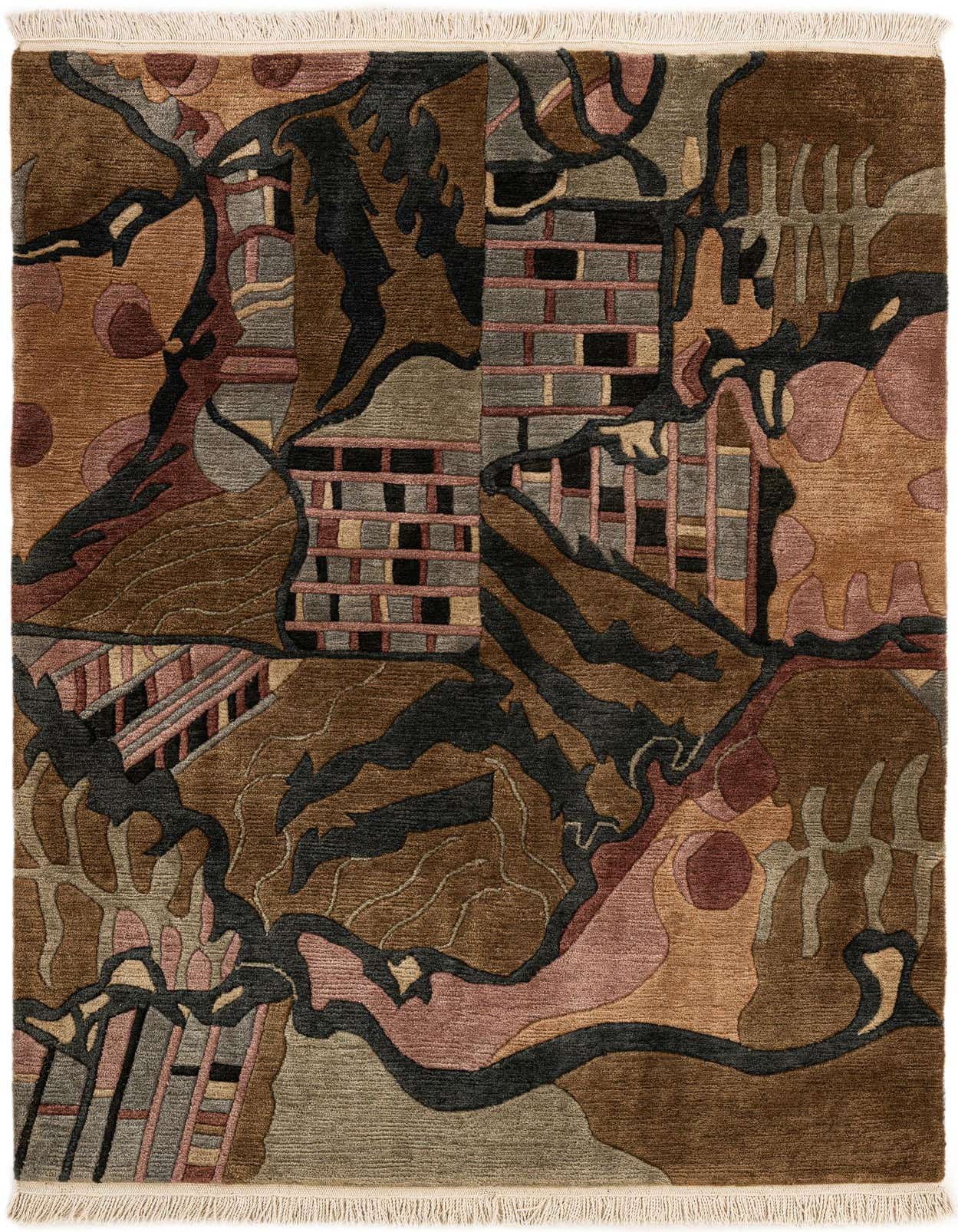 A 4x6 rectangular multi-colored wool rug with an abstract modern pattern featuring shades of brown, black, grey, and pink, suitable for an indoor living room.