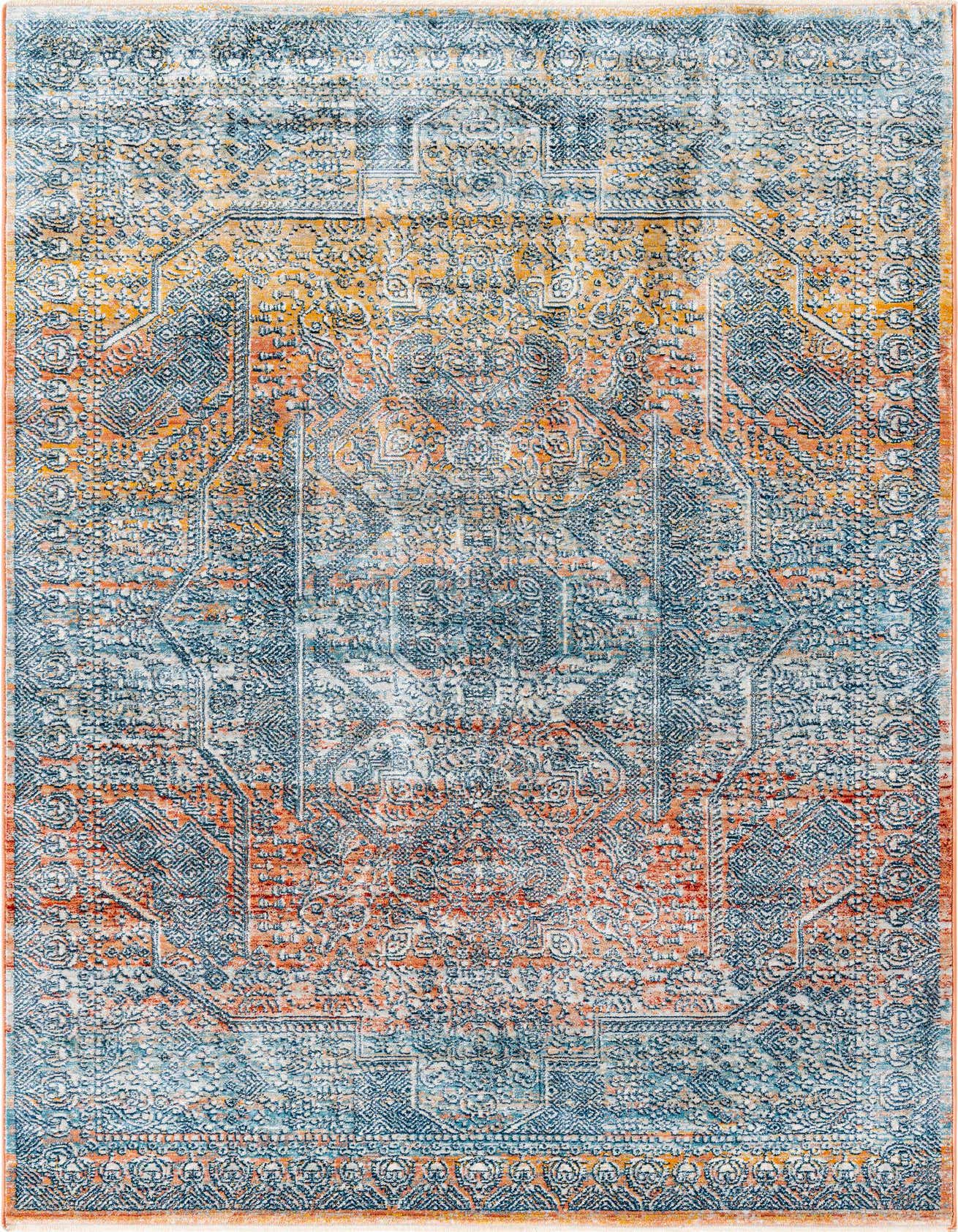A 5x8 rectangular Newport Collection rug from Rugs.com with a distressed traditional tribal pattern in multi-colored hues of orange, blue, and white.