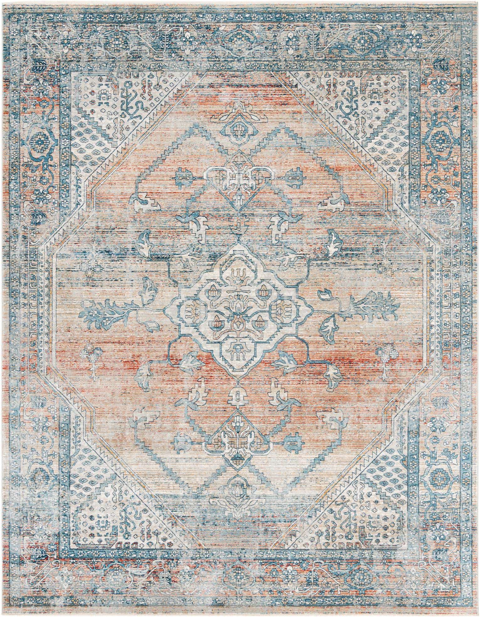 A 5x8 rectangular Newport Collection rug featuring a distressed multi-colored traditional medallion pattern in rust, blue, and cream tones.