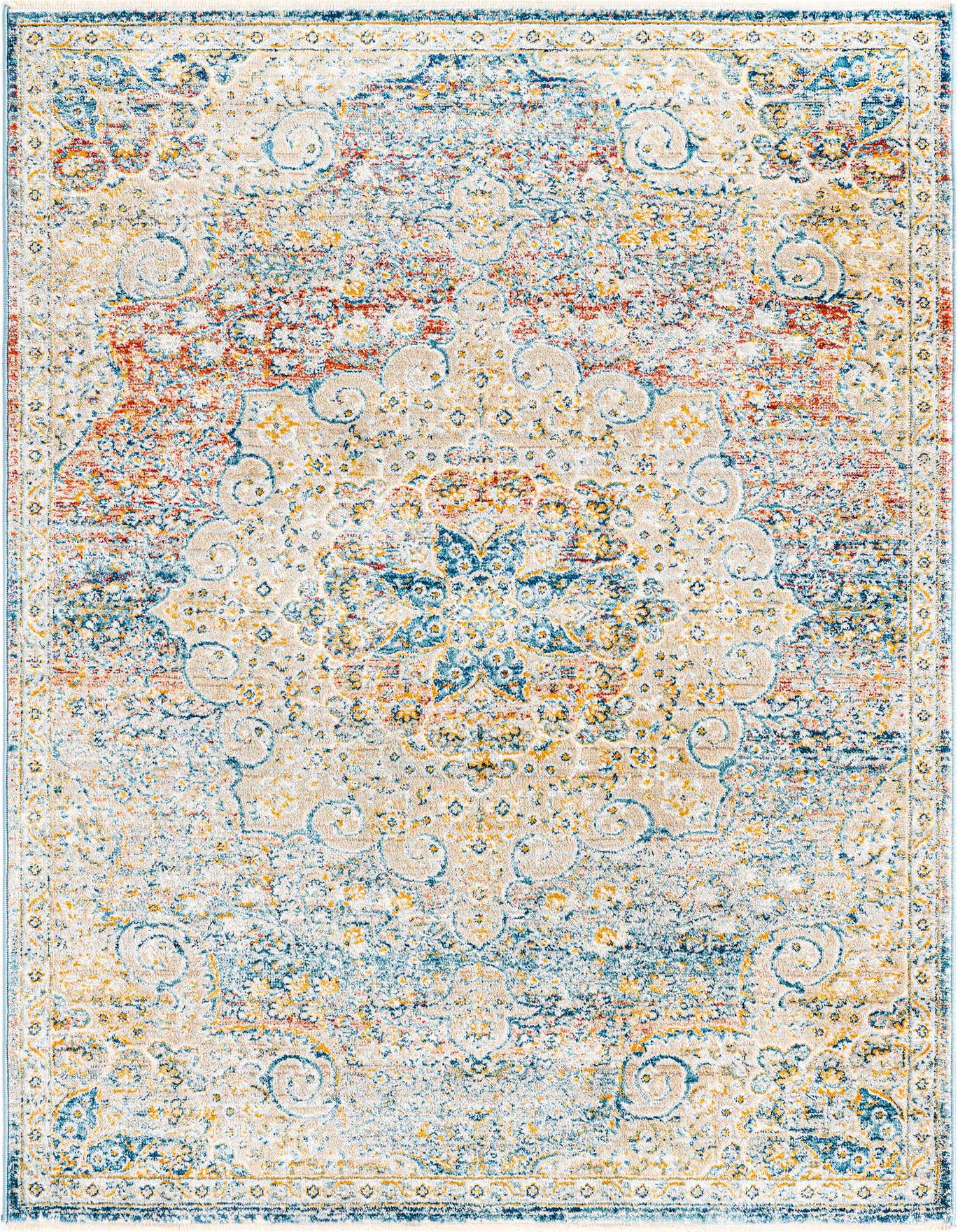 A 2x3 rectangular multi-colored rug with a distressed traditional medallion pattern in shades of blue, orange, and yellow on a cream background.