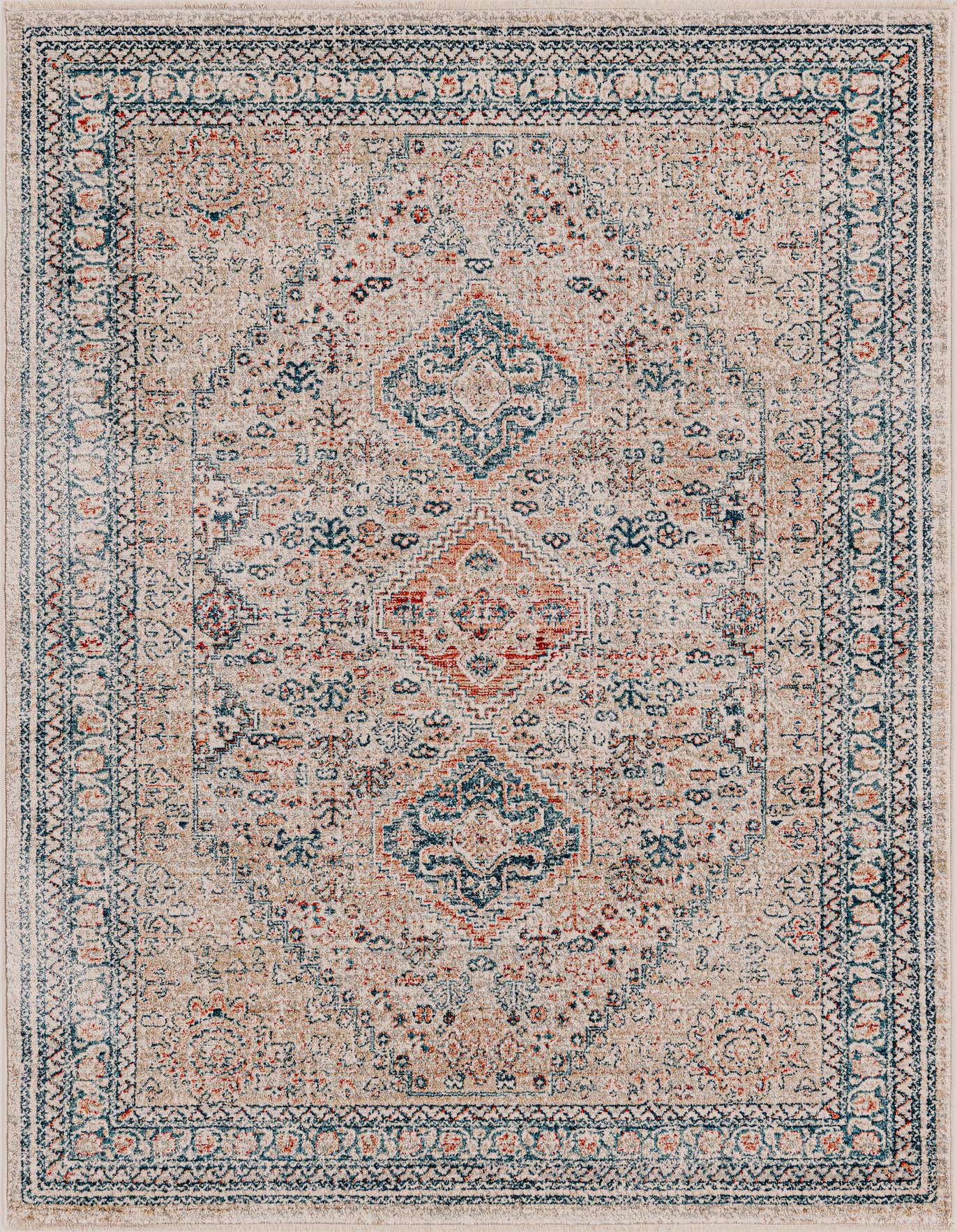 A 2x3 rectangular multi-colored Oriental rug with a distressed medallion pattern in shades of blue, orange, and beige.