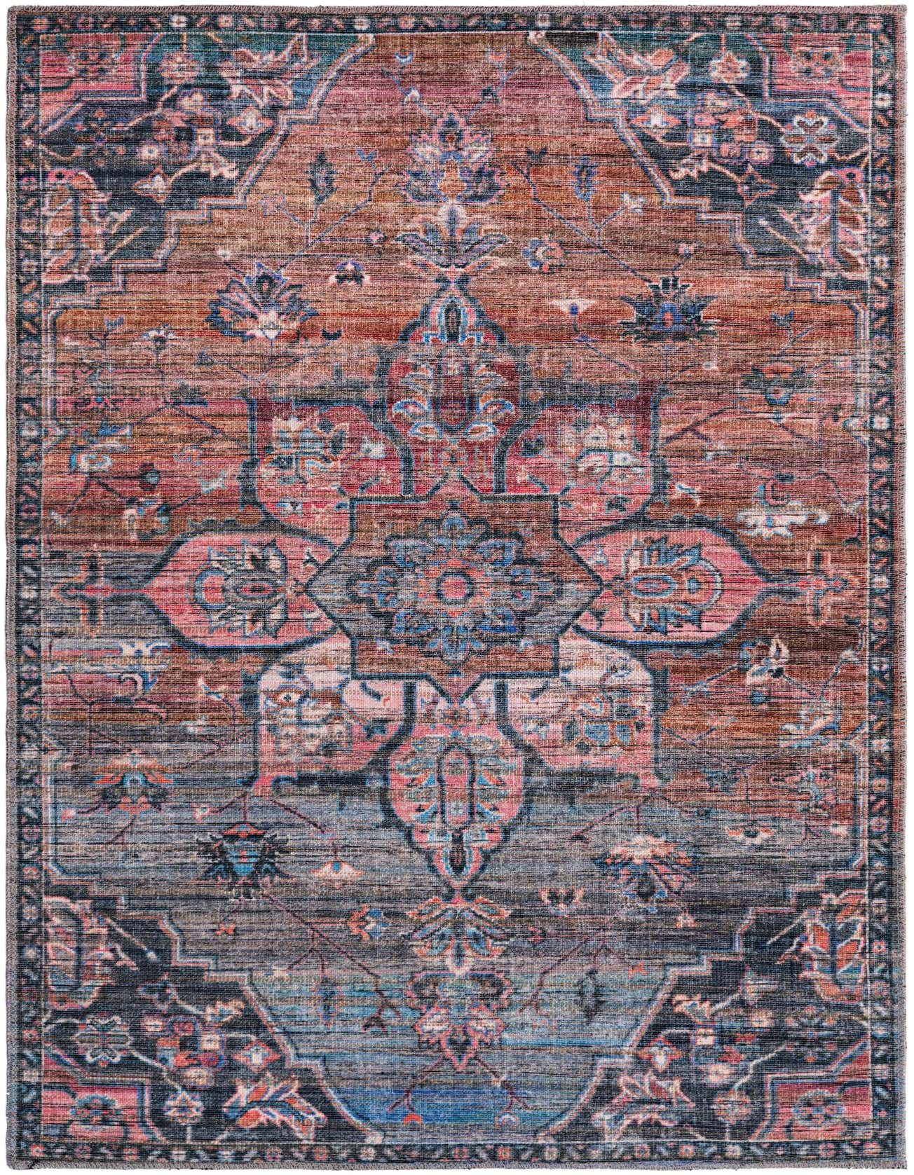 A 4x6 rectangular multi-colored rug with a traditional medallion pattern in shades of blue, pink, and rust.