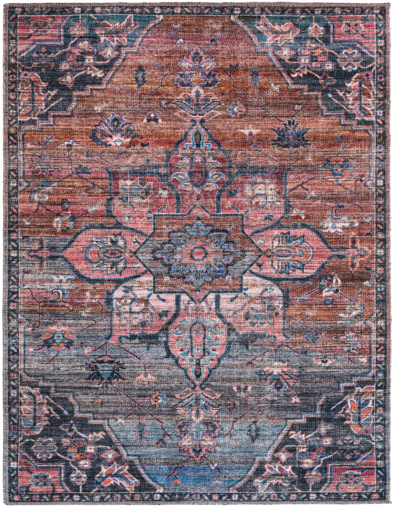 A 3x5 rectangular multi-colored rug with a traditional medallion pattern in shades of rust, blue, and pink, on a flatweave texture.