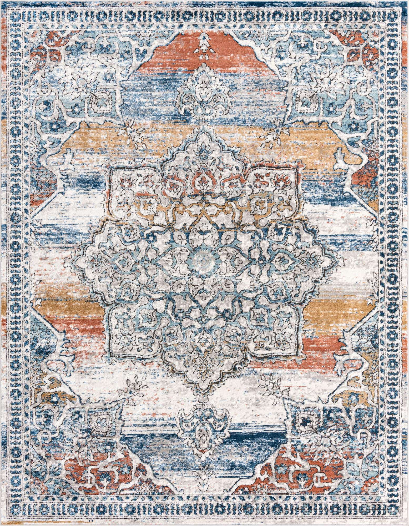 A 9x12 rectangular Nyla rug featuring a multi-colored traditional medallion pattern with distressed blues, oranges, and creams.