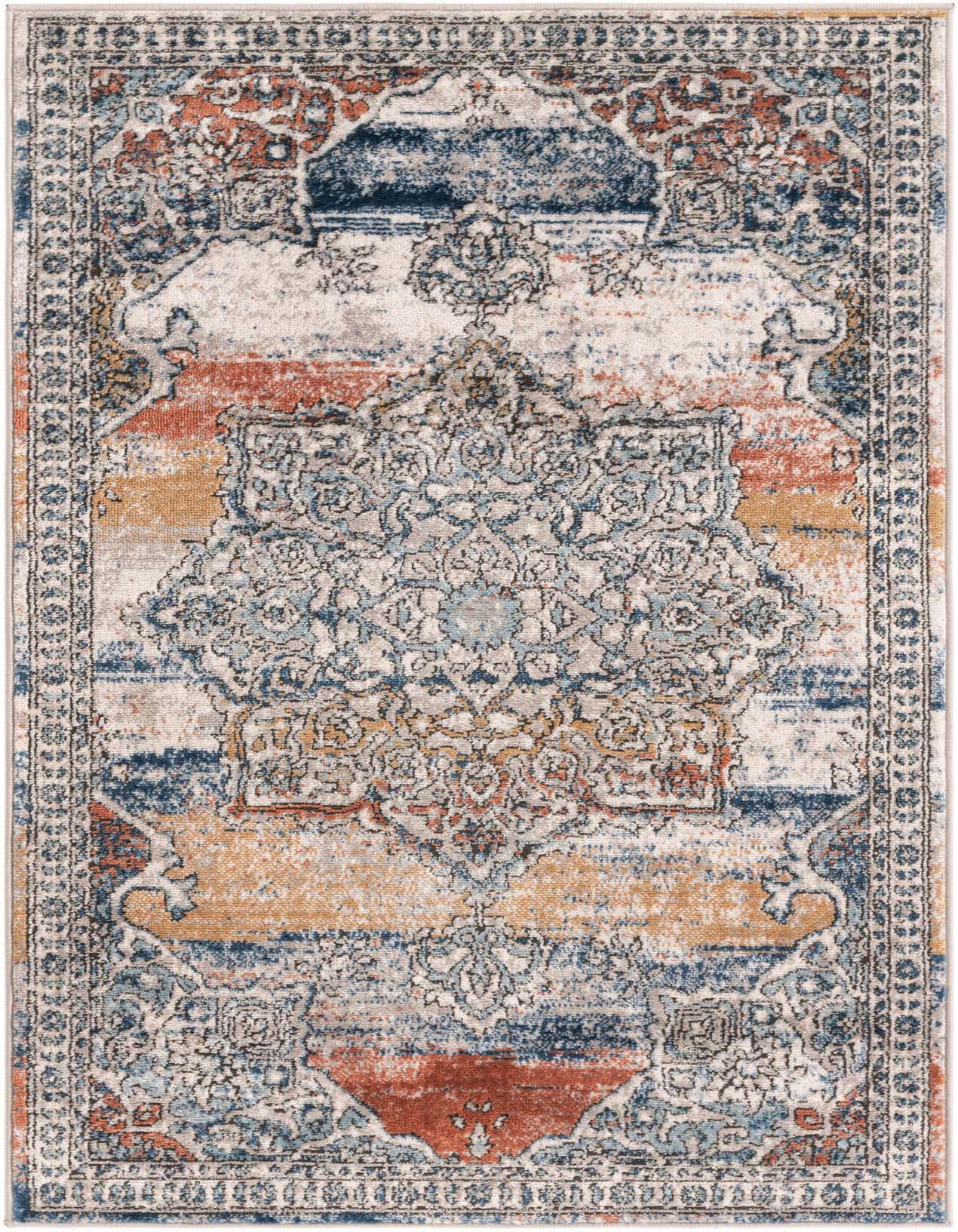 A 3x5 rectangular multi-colored rug with a distressed traditional medallion pattern in shades of blue, orange, and cream.