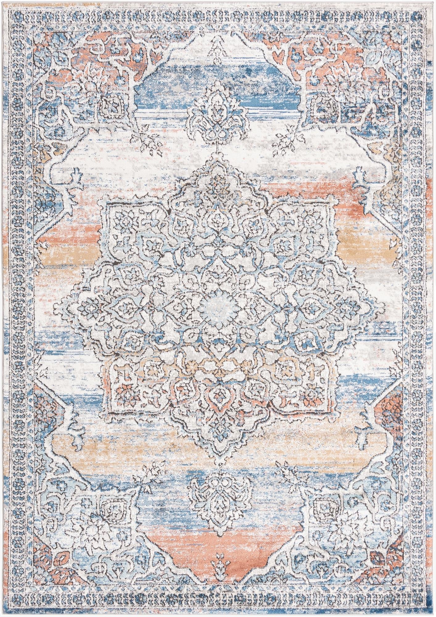 A 6x9 multi-colored rectangular rug with a distressed traditional medallion pattern in blue, orange, and white.