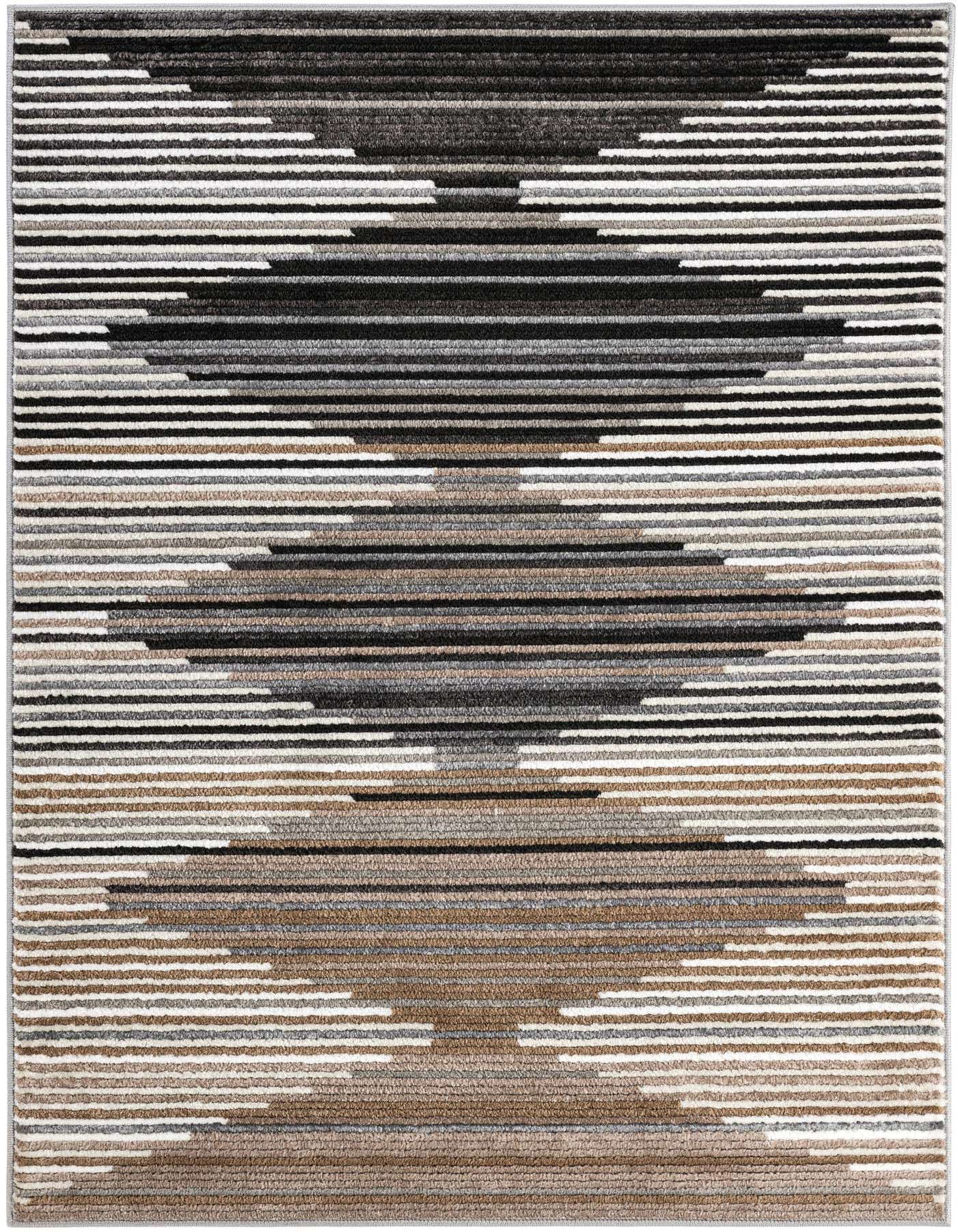 A 4x6 rectangular Odyssey rug with a modern geometric pattern in multi-colored stripes of black, grey, white, and brown.