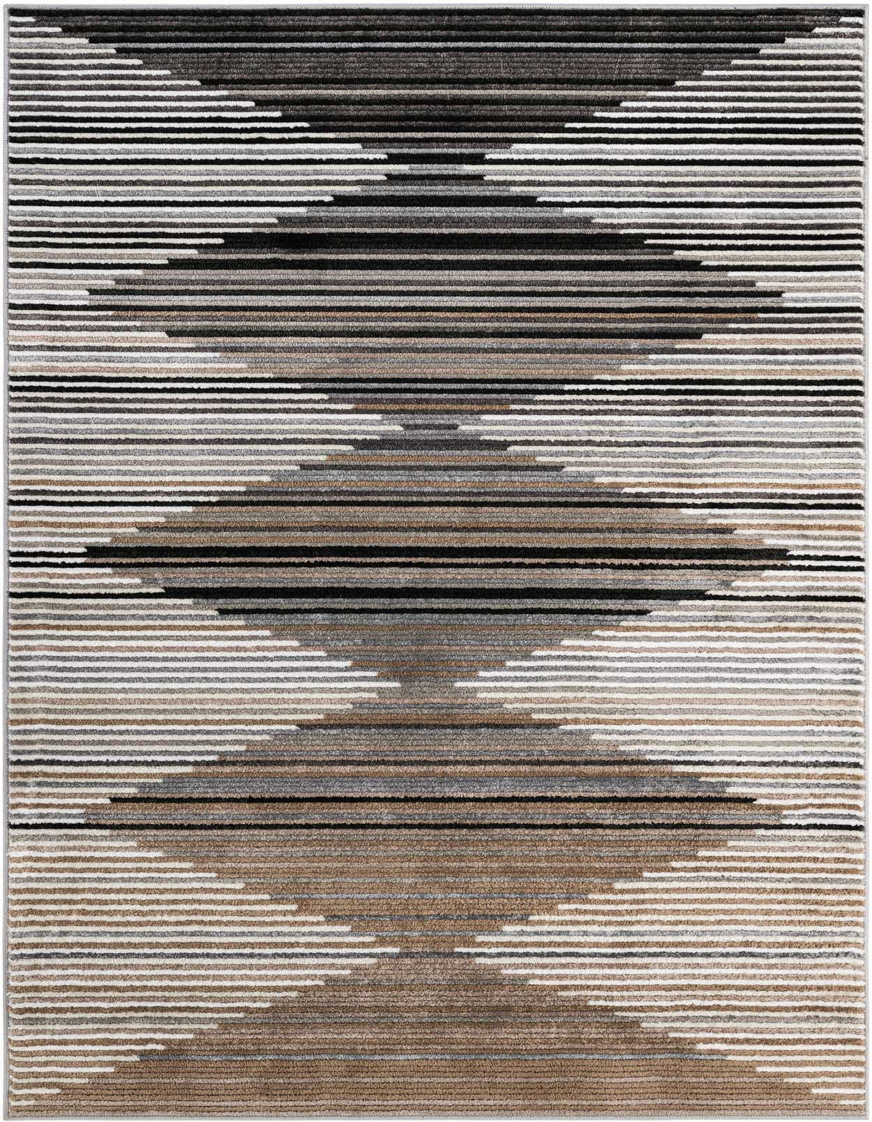 A 5x8 rectangular Odyssey rug featuring a modern geometric pattern with horizontal stripes in multi-colored shades of brown, gray, black, and white.