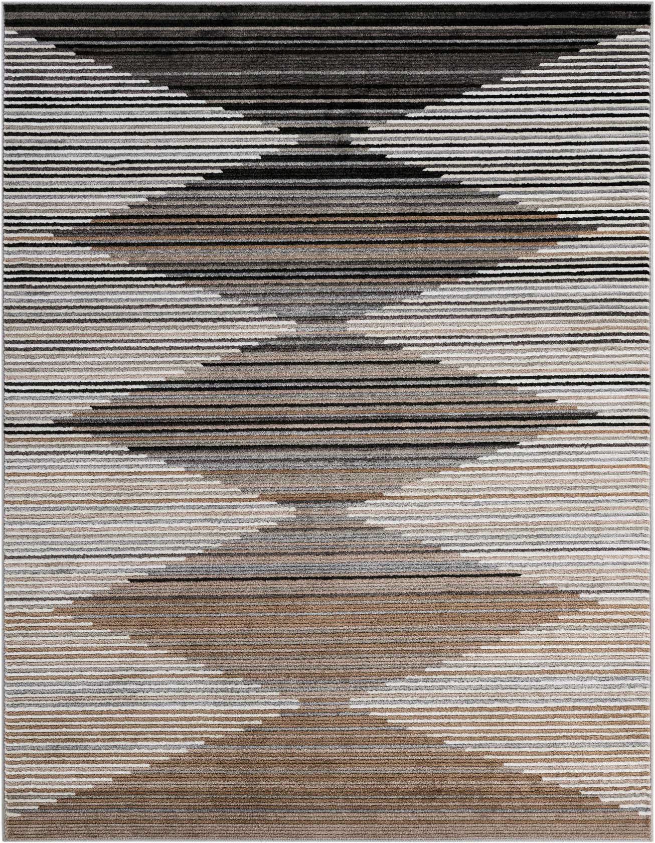 A rectangular 6x9 multi-colored rug with a modern Scandinavian stripe pattern in shades of brown, gray, black, and white.