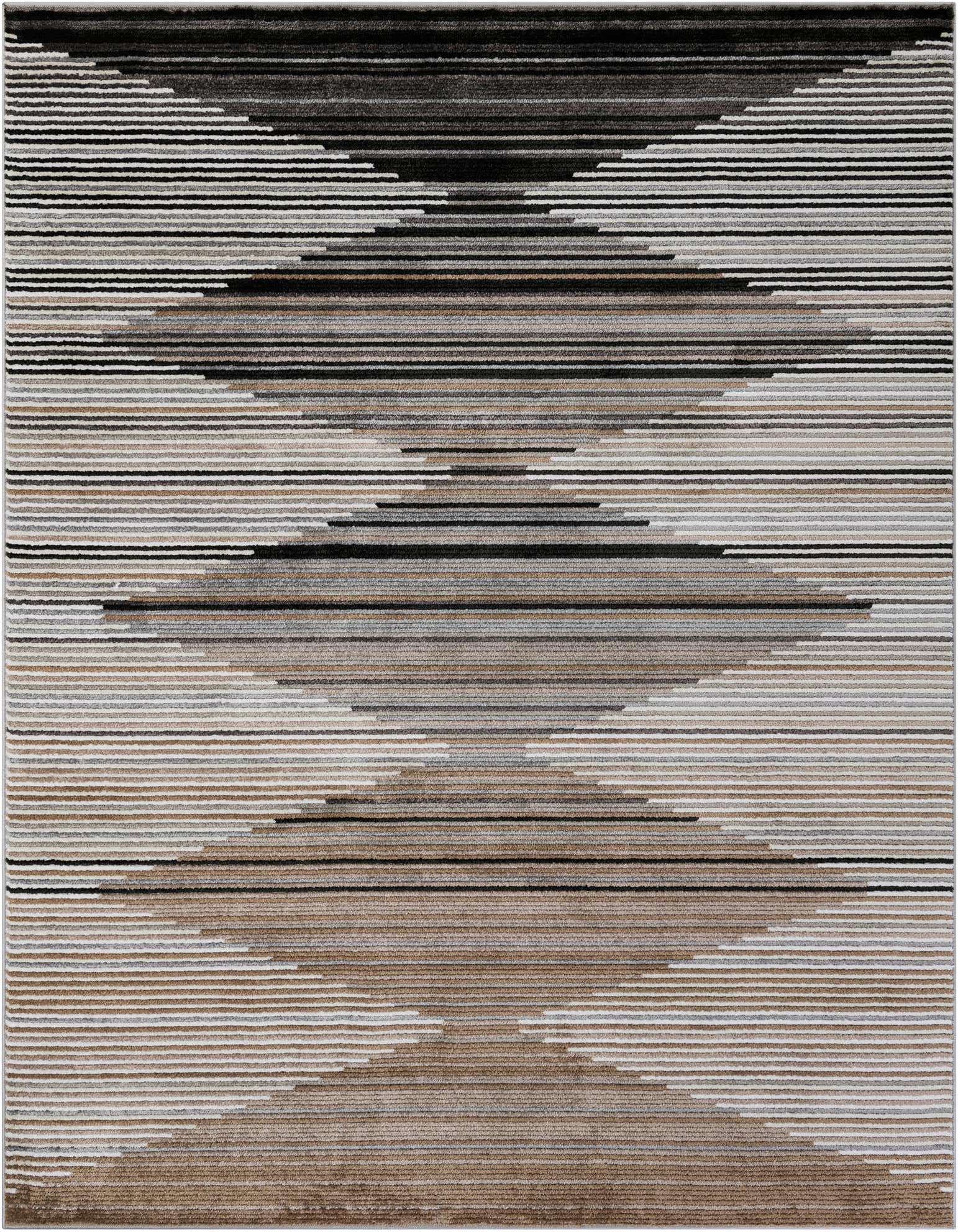 A rectangular 8x10 modern rug with a multi-colored striped geometric pattern in shades of black, grey, white, and brown.