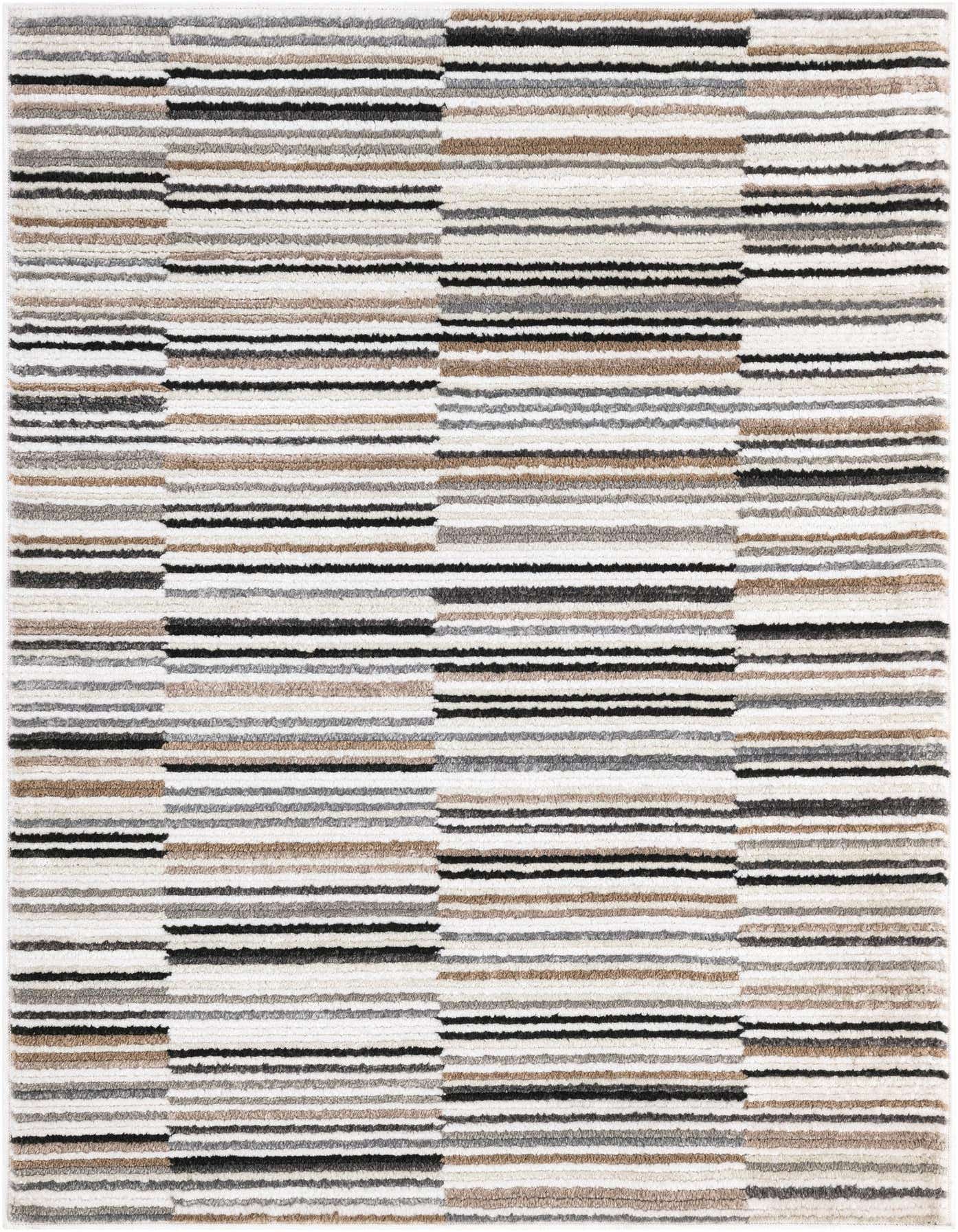 A 4x6 rectangular Rugs.com Odyssey rug with a modern striped pattern in multi-colored hues including white, black, brown, and gray.