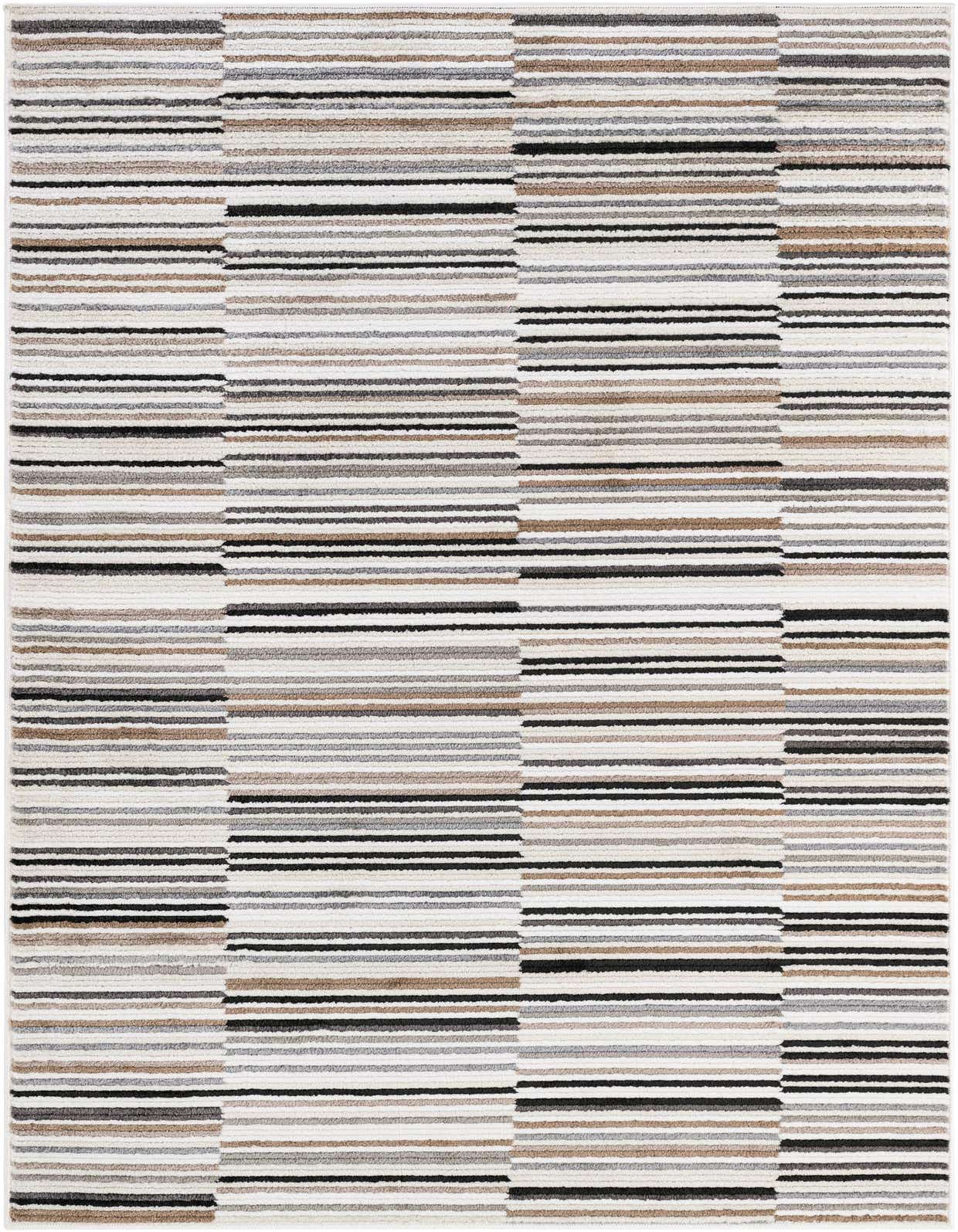 A 5x8 rectangular Odyssey rug with a modern multi-colored stripe pattern, featuring shades of white, black, gray, and brown.