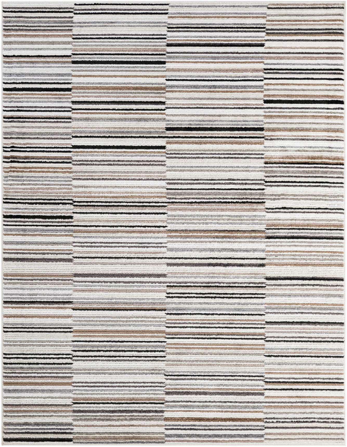 A 6x9 rectangular multi-colored modern stripe rug with a textured pile, ideal for a living room.