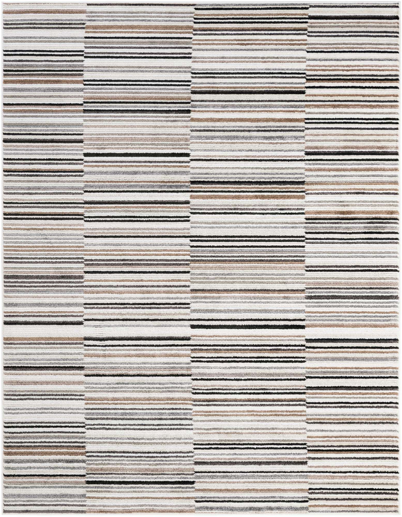 An 8x10 rectangular Odyssey rug with a modern multi-colored stripe pattern in shades of white, black, brown, and grey.