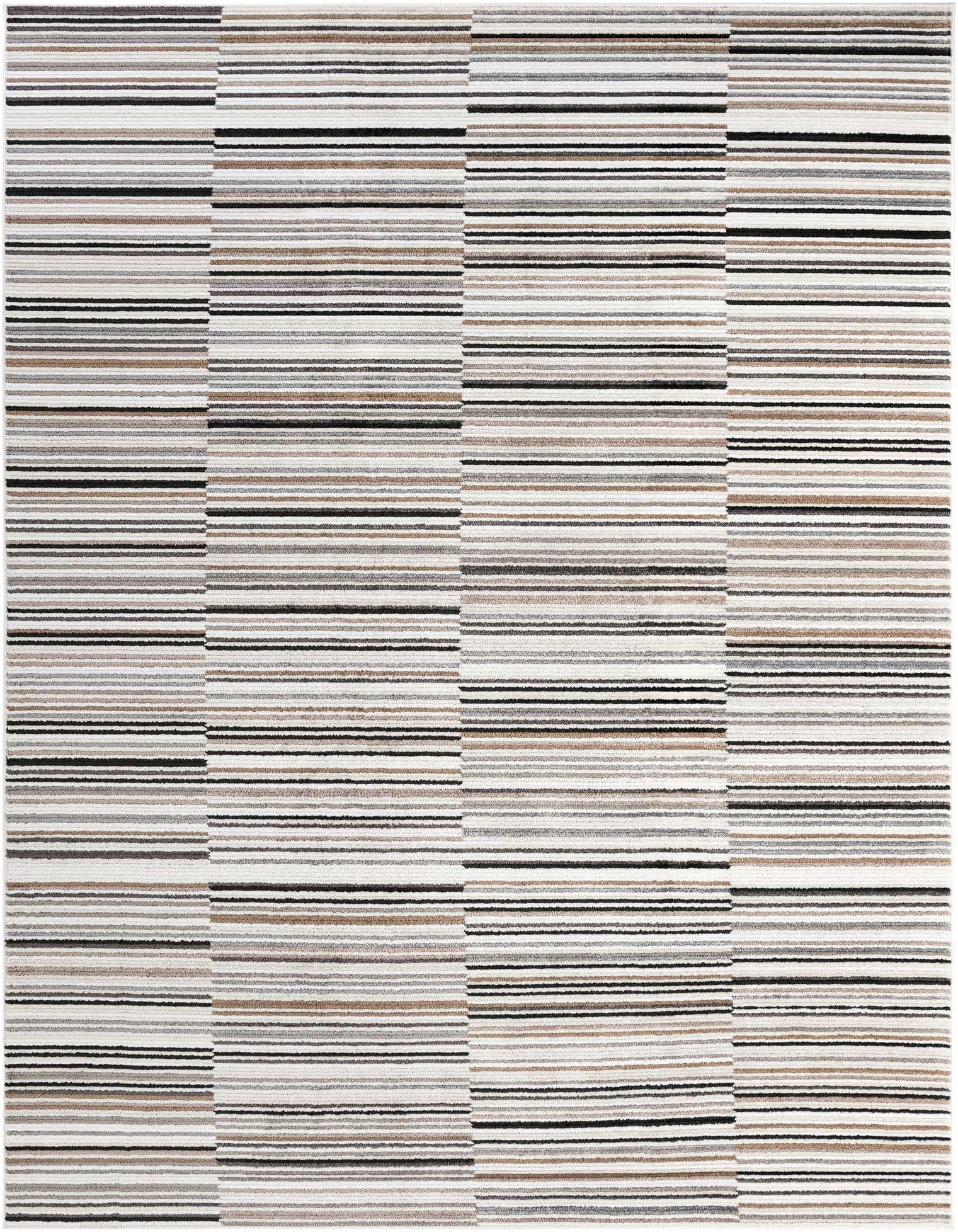 A rectangular 9x12 multi-colored modern rug with horizontal stripes in varying widths of white, black, gray, and brown.