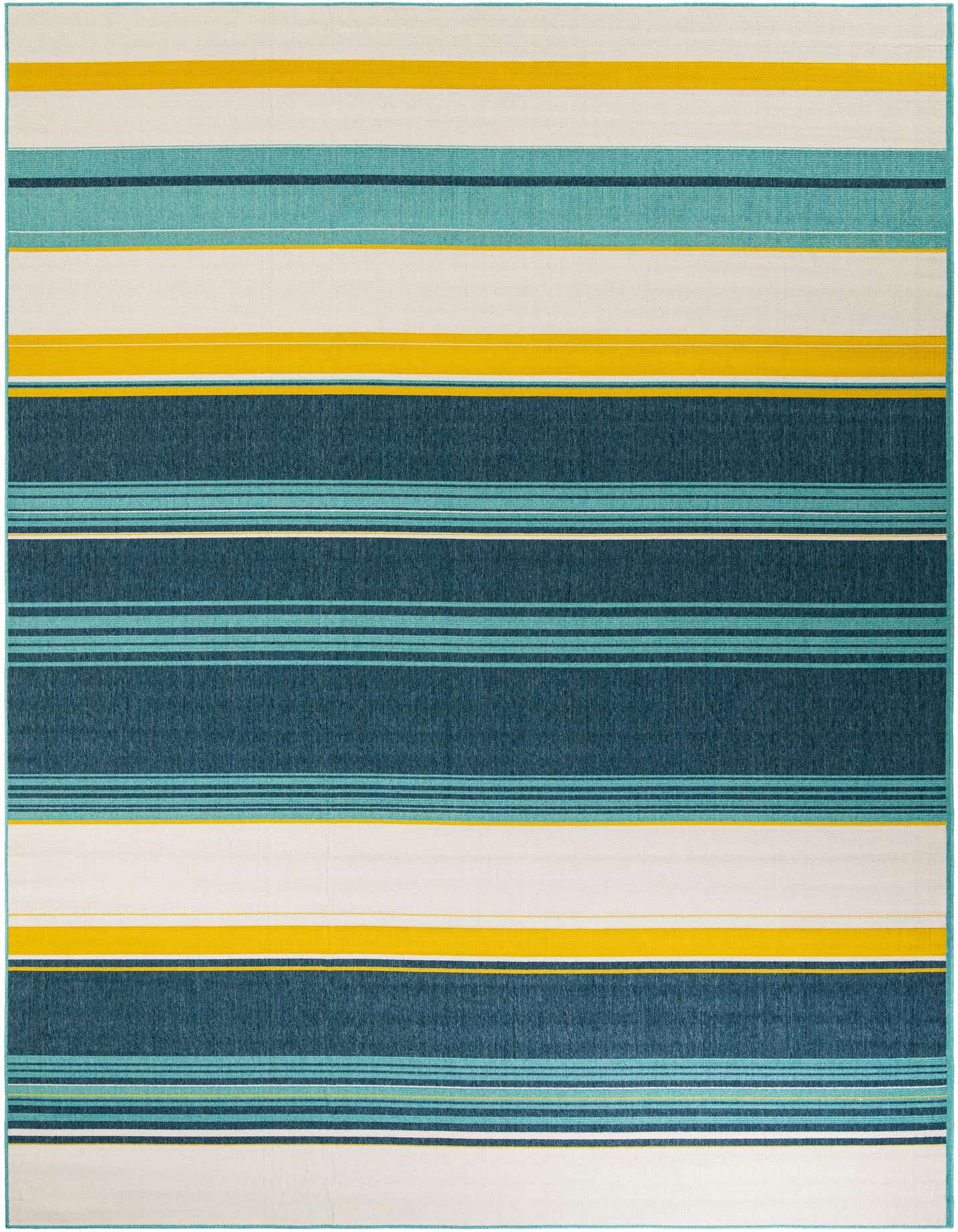 A 10x14 rectangular multi-colored striped rug with bands of teal, navy, yellow, and white, suitable for indoor or outdoor use.