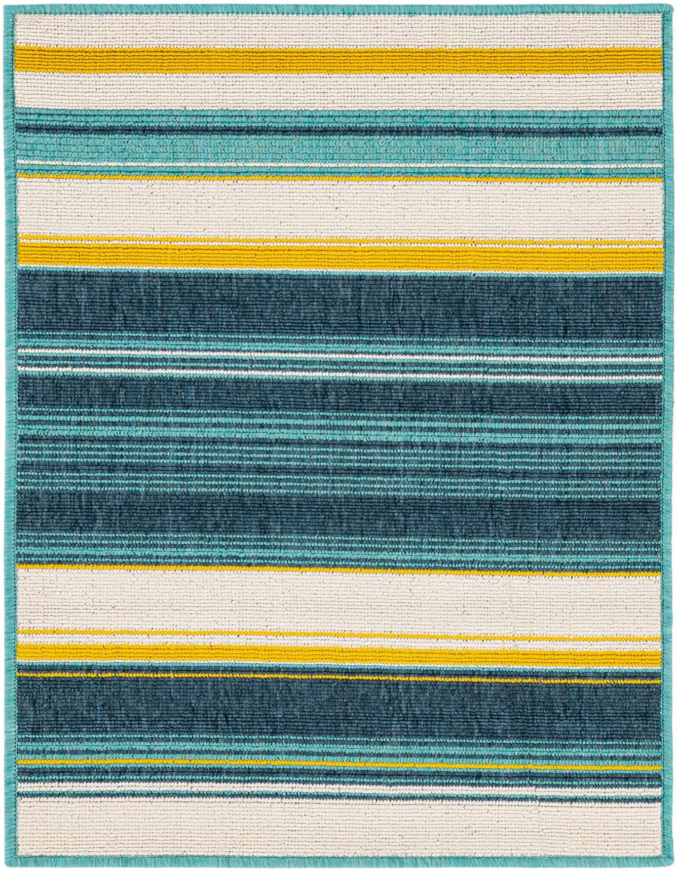 A 2x3 rectangular indoor/outdoor rug with a modern stripe pattern in teal, yellow, and off-white, ideal for a patio or entryway.