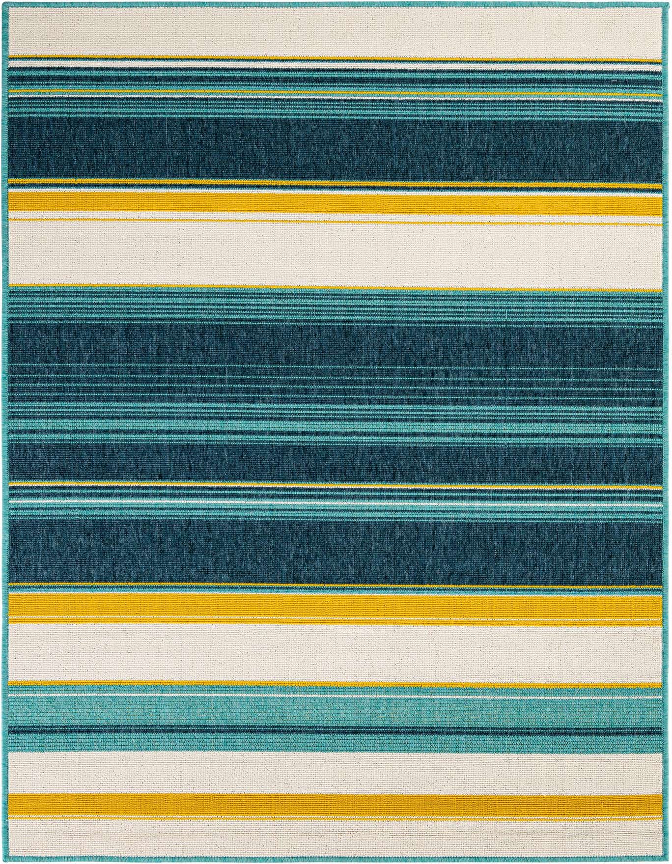 A 4x6 rectangular indoor/outdoor rug with wide stripes in teal, dark blue, cream, and thin yellow accents.