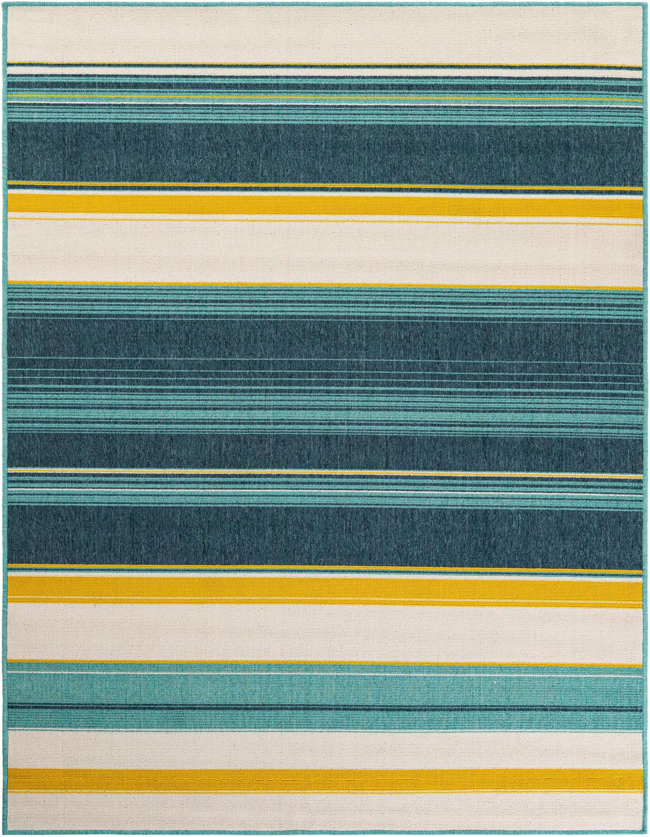 A 5x8 rectangular indoor/outdoor rug featuring modern stripes in varying widths of teal, dark blue, yellow, and cream.