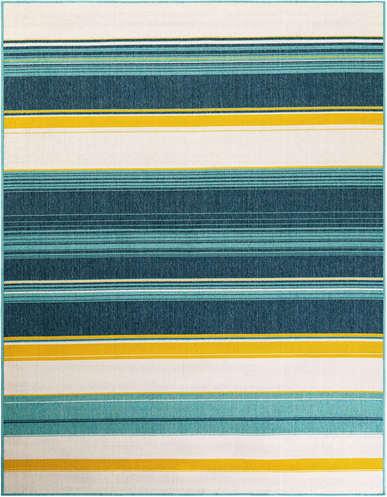 A 6x9 rectangular rug featuring wide and thin horizontal stripes in shades of teal, yellow, and white.
