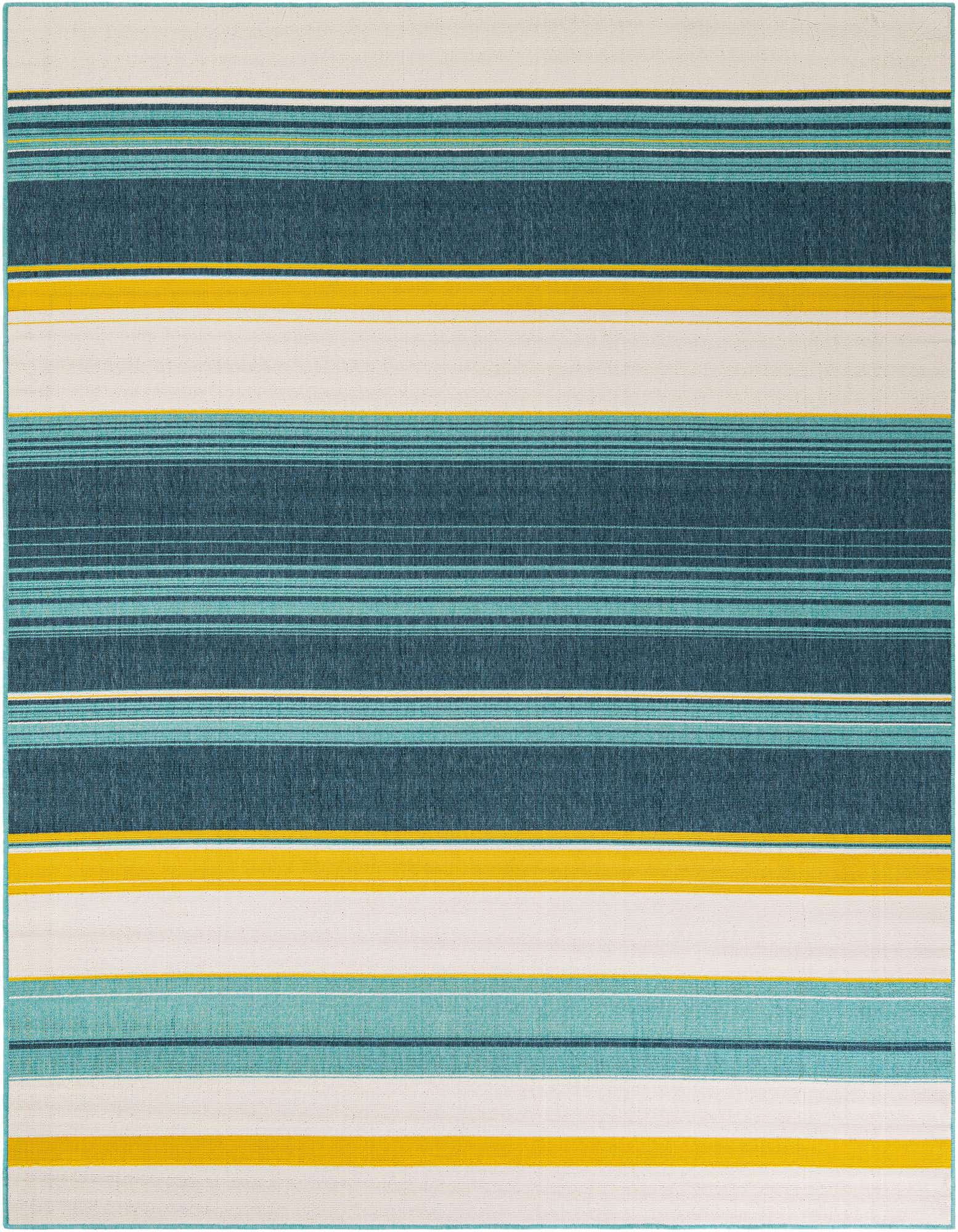 A rectangular 8x10 modern striped rug featuring wide bands of teal, dark blue, yellow, and cream, suitable for indoor or outdoor use.