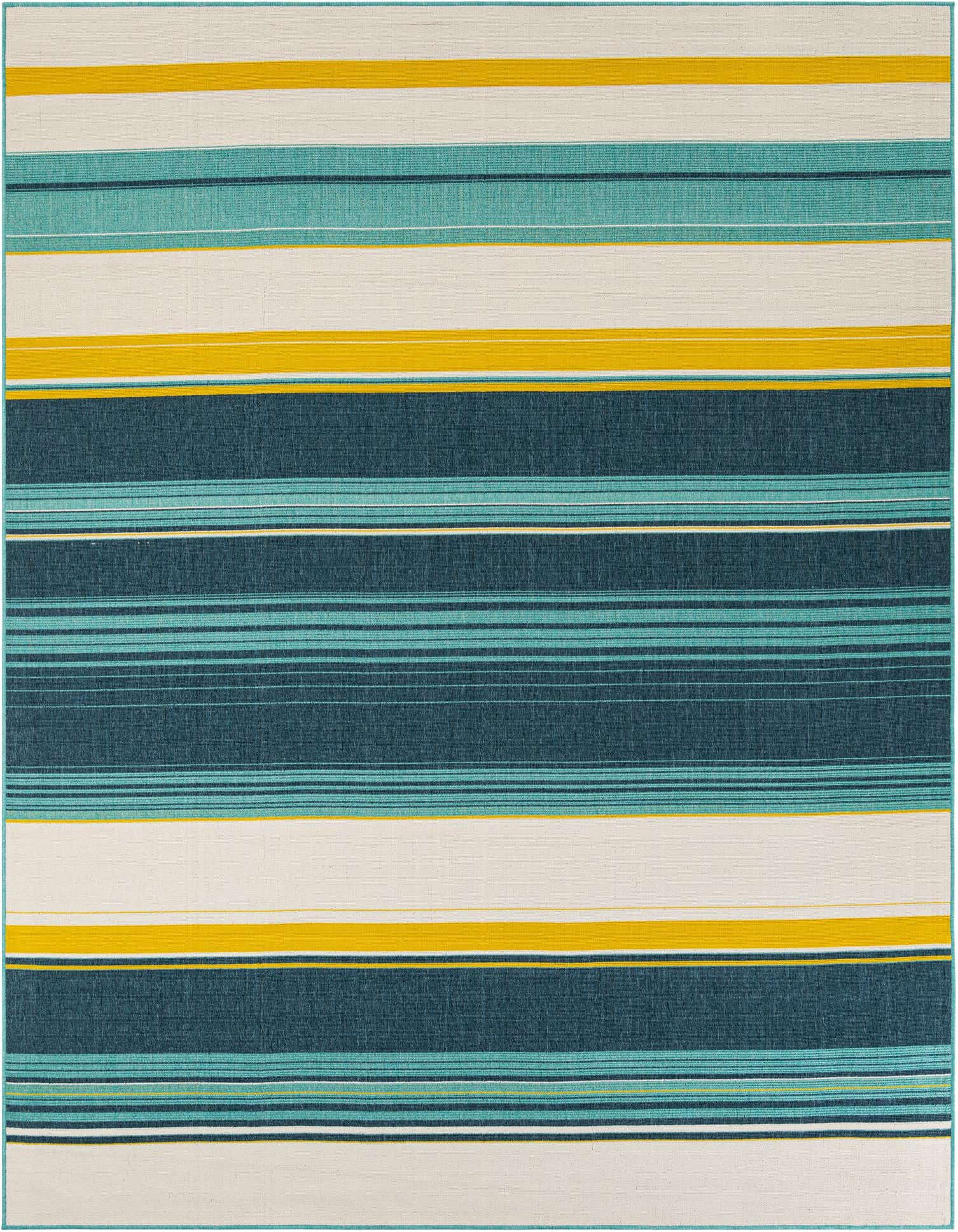 A 9x12 rectangular modern striped rug featuring wide bands of teal, navy, yellow, and cream, suitable for indoor or outdoor use.