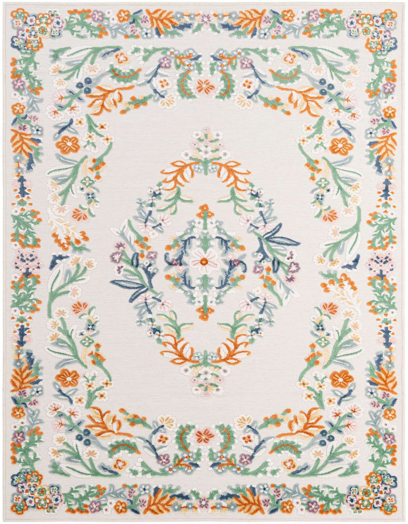A 5x7 rectangular multi-colored floral rug with a light background and vibrant botanical patterns, perfect for indoor or outdoor use.