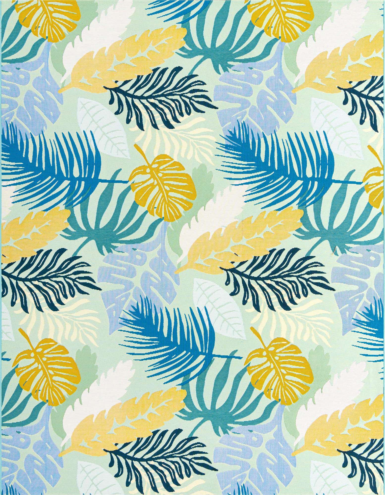 A vibrant 8x10 rectangular rug with a multi-colored botanical pattern featuring blue, yellow, and teal tropical leaves on a light green background, suitable for indoor or outdoor use.