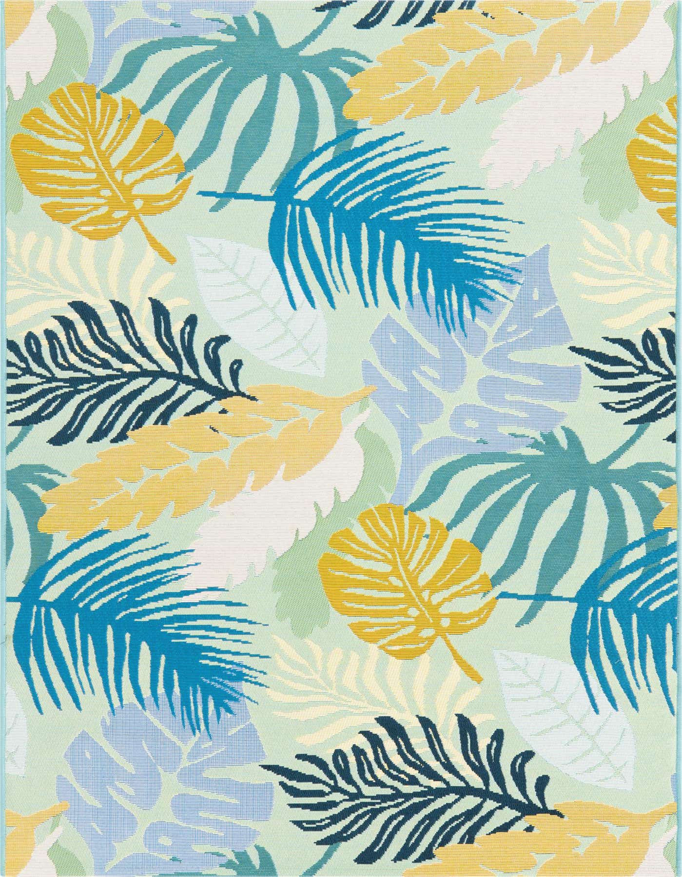 A 4x6 rectangular indoor/outdoor rug with a vibrant multi-colored botanical pattern featuring large tropical leaves in shades of blue, yellow, green, and white on a light green background.