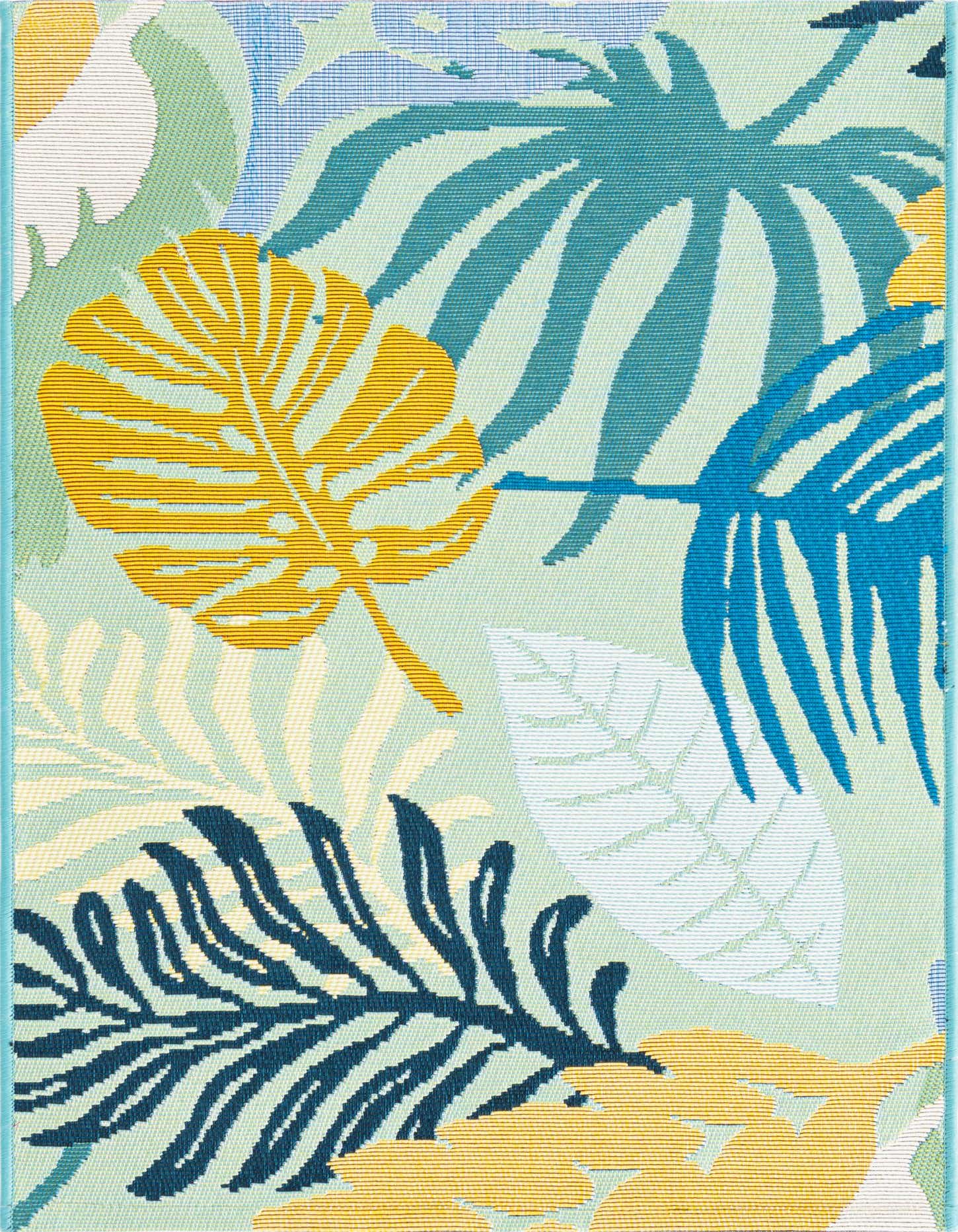 A 2x3 rectangular Rugs.com Outdoor Botanical rug featuring a vibrant multi-colored tropical leaf pattern with yellow, teal, and blue foliage on a light green background.