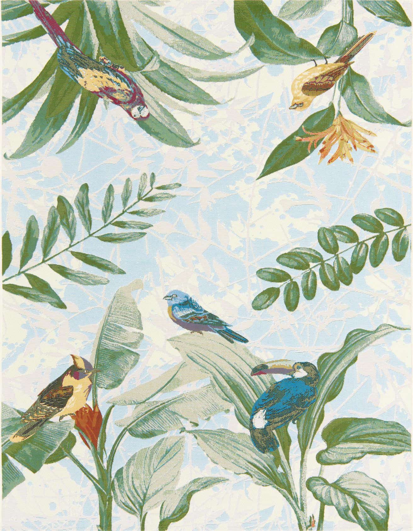 A multi-colored 5x8 rectangular rug featuring a vibrant botanical pattern with tropical birds and lush green leaves on a light background, suitable for a patio or living room.