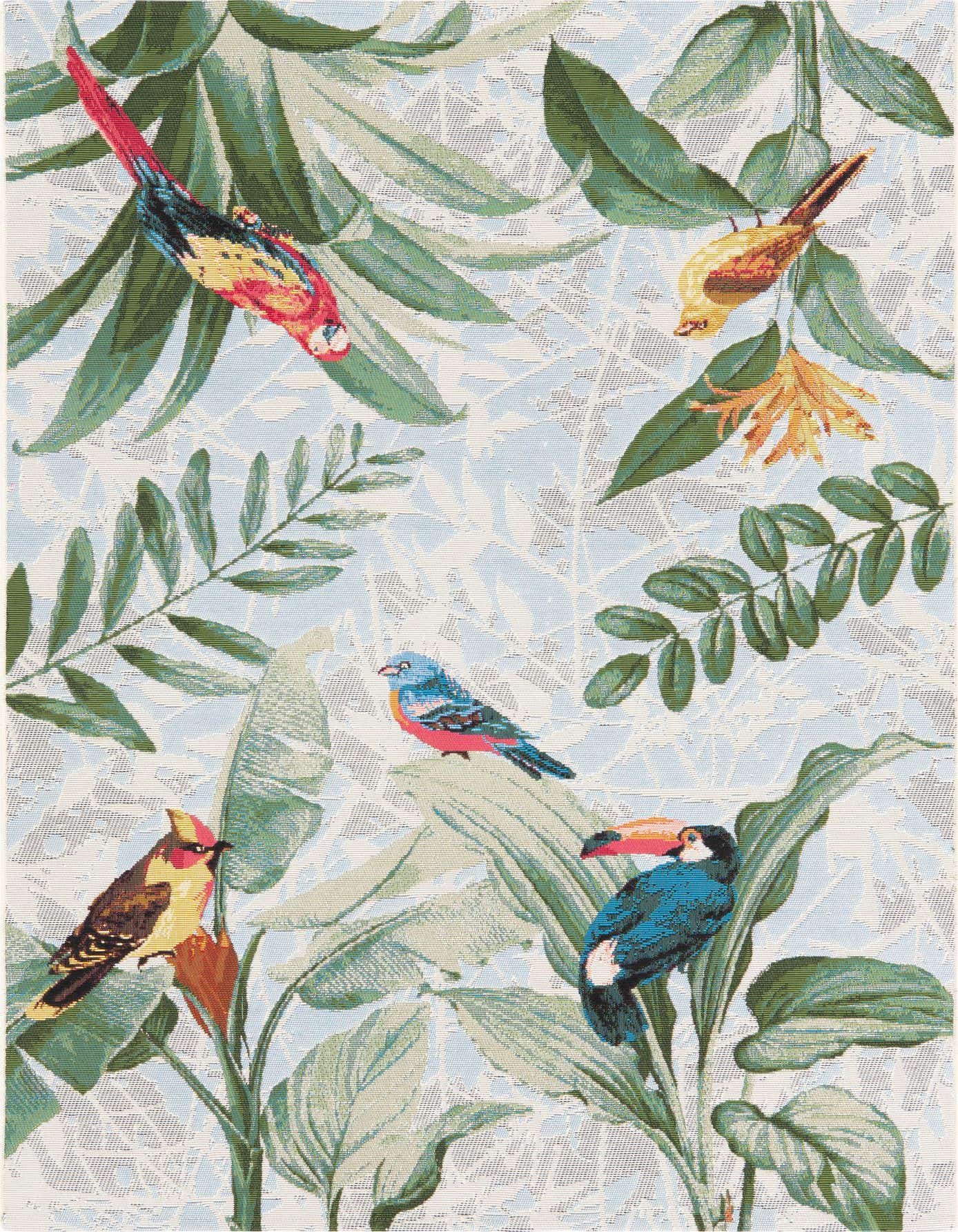 A 4x6 rectangular rug with a vibrant tropical botanical pattern featuring colorful birds like a toucan and parrot amidst lush green leaves on a light blue background.