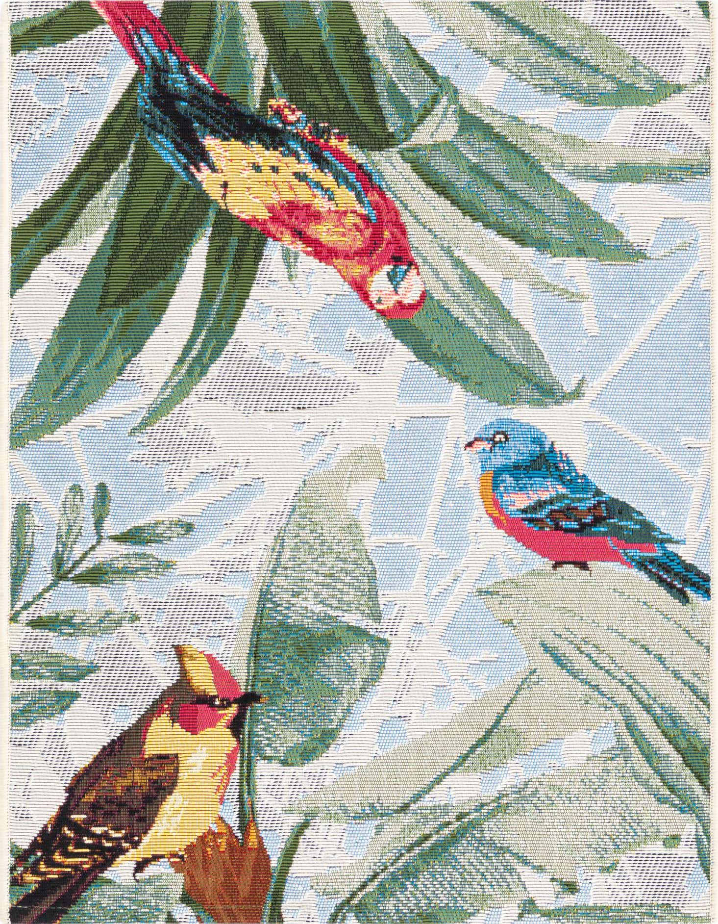 A vibrant 2x3 rectangular rug featuring a multi-colored botanical pattern with tropical birds and green leaves on a light blue and white background.