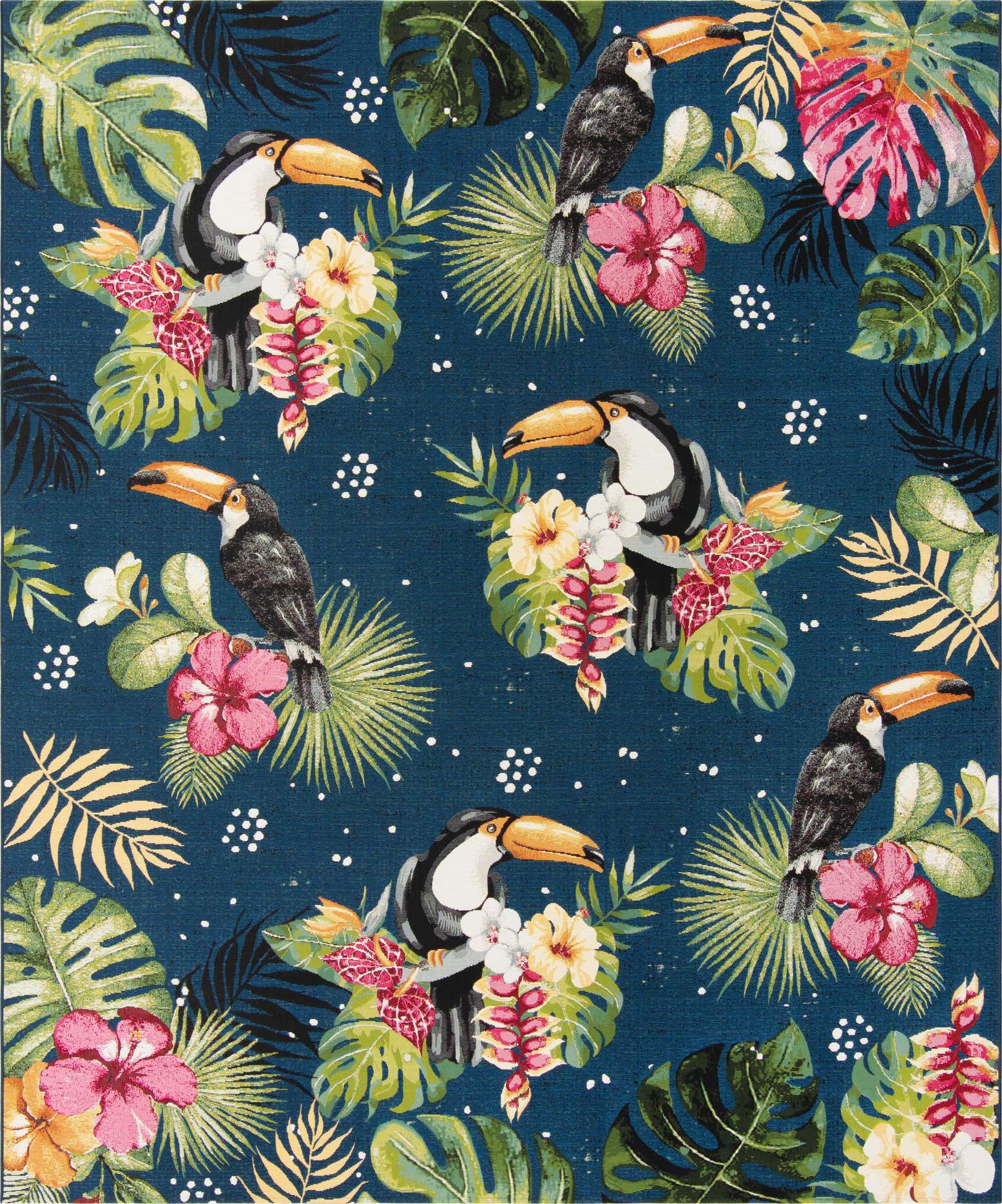 A vibrant 10x12 rectangular indoor/outdoor rug featuring a multi-colored botanical pattern with toucans, hibiscus, and palm leaves on a deep blue background.