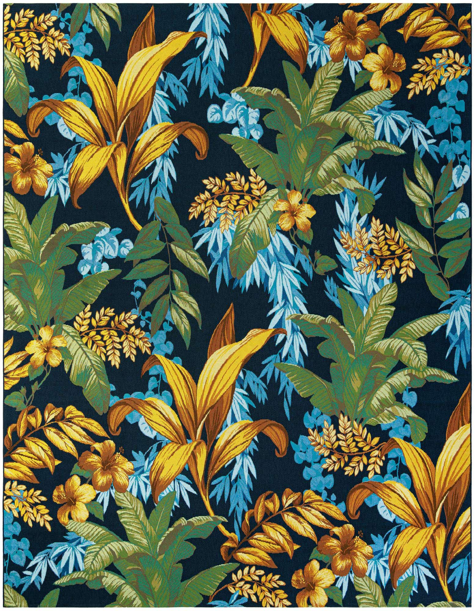 A 10x12 rectangular Rugs.com Outdoor Botanical rug with a vibrant tropical floral pattern on a dark background.