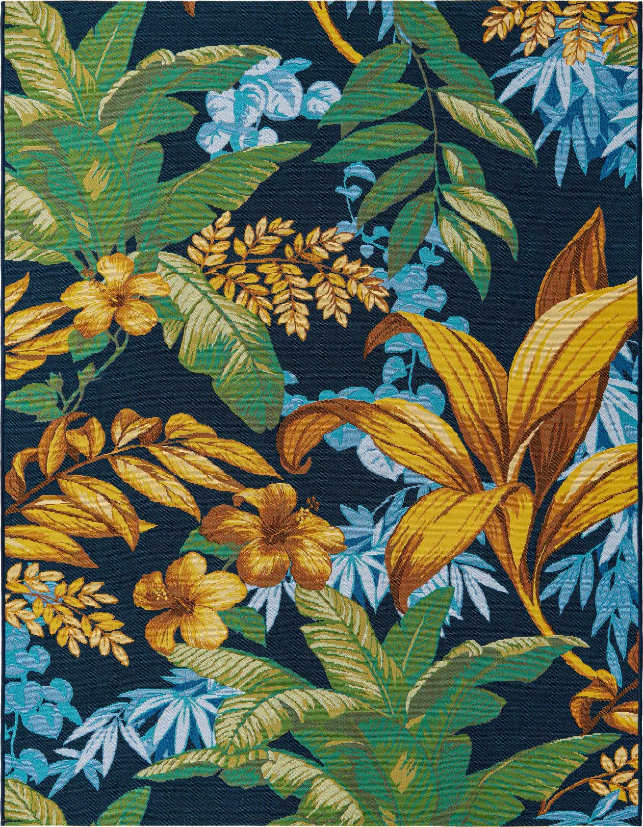 A 5x8 rectangular indoor/outdoor rug with a vibrant tropical botanical pattern on a dark blue background, featuring large green, yellow, and light blue leaves with golden hibiscus flowers.