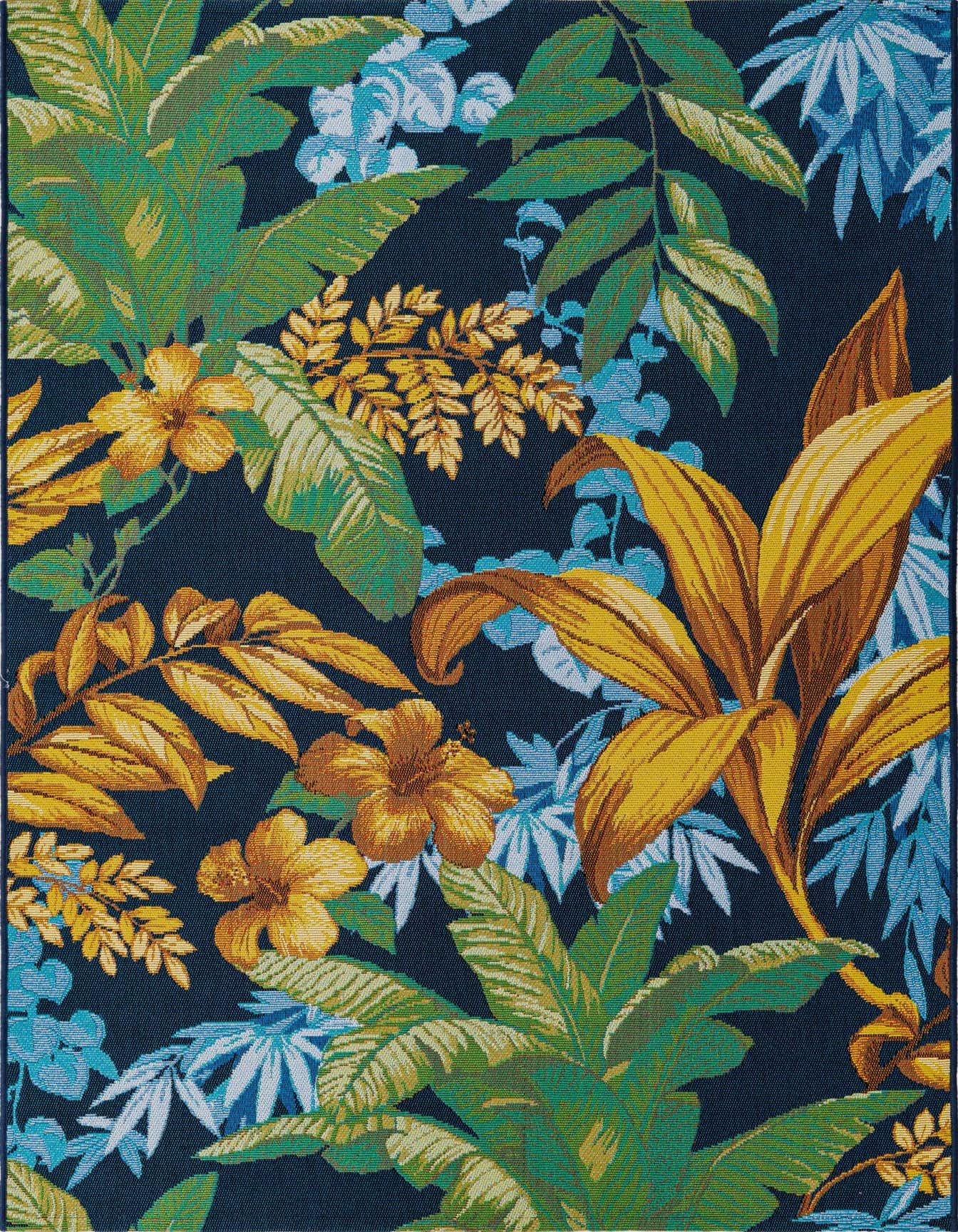 A 4x6 rectangular indoor/outdoor rug with a vibrant tropical botanical pattern on a dark blue background, featuring large green leaves, golden yellow hibiscus flowers, and light blue foliage.