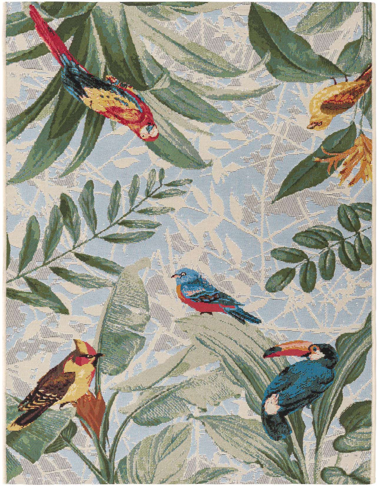 A 3x5 rectangular multi-colored botanical rug featuring tropical birds and lush green leaves on a light blue and beige background.