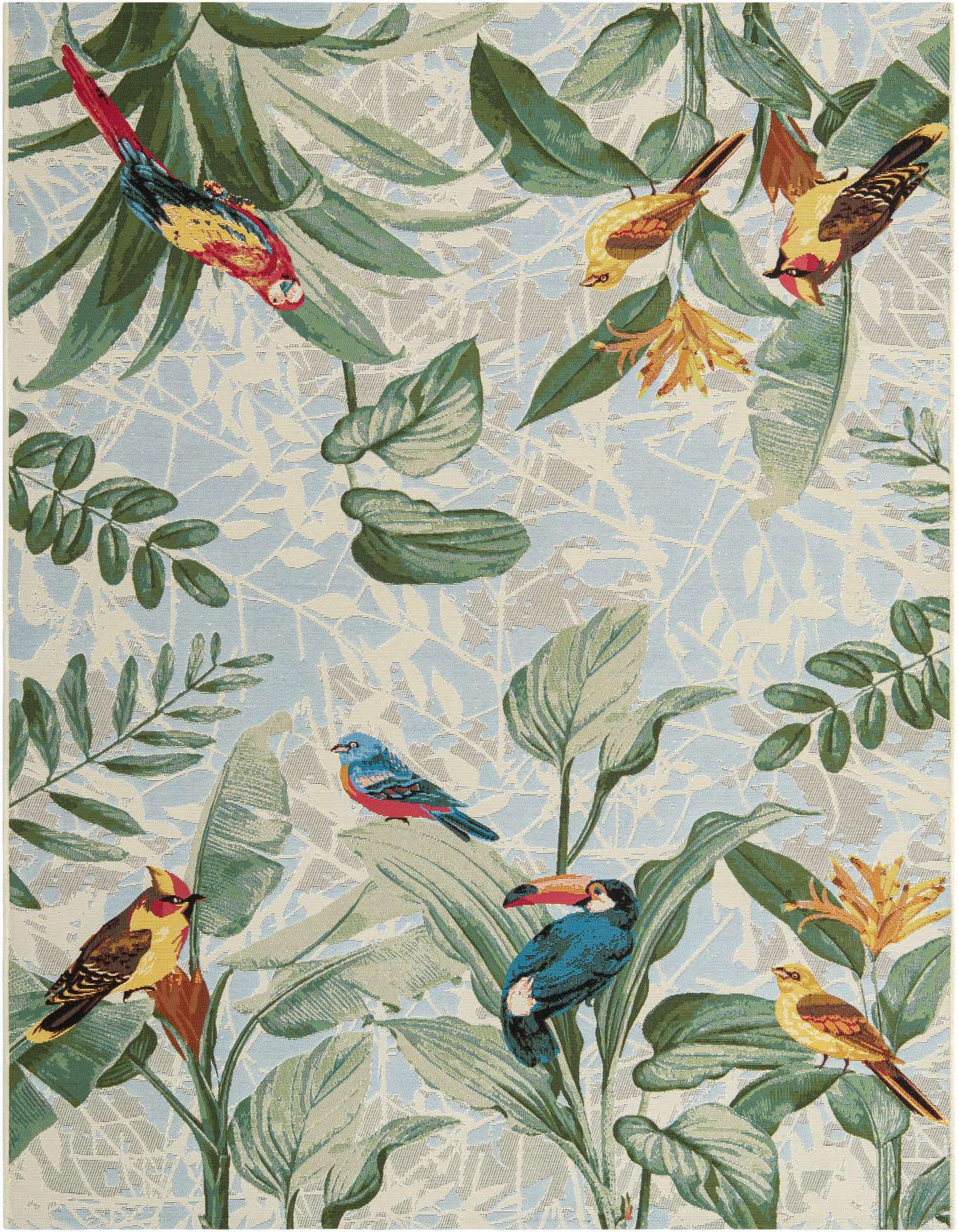 A 6x9 rectangular multi-colored botanical rug featuring vibrant parrots, toucans, and songbirds amidst lush green leaves on a light blue background.