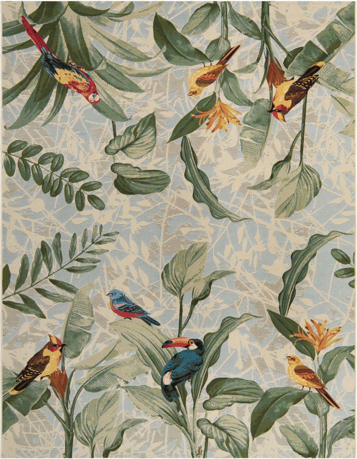 A 7x10 rectangular rug with a vibrant multi-colored botanical pattern featuring tropical birds, leaves, and flowers on a light blue and beige background.