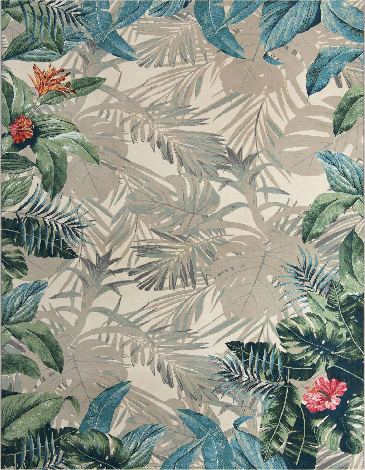 A 10x14 rectangular multi-colored botanical rug with large green, blue, and beige tropical leaves and red-orange flowers, ideal for a patio.