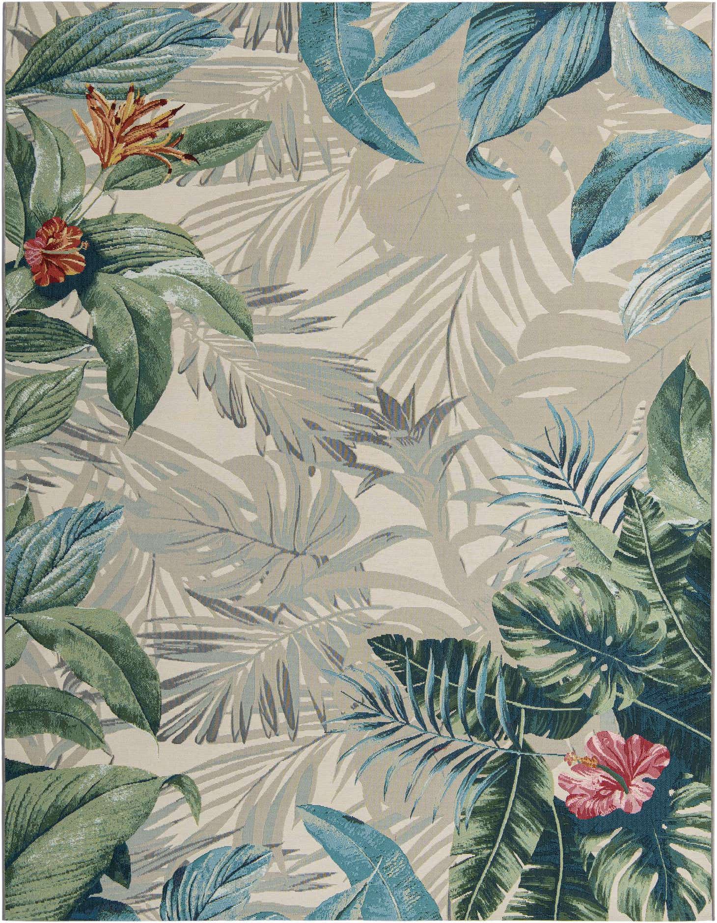 A multi-colored 8x11 rectangular rug featuring a vibrant botanical pattern with large green and blue leaves, and red-orange flowers on a light background, suitable for indoor or outdoor use.