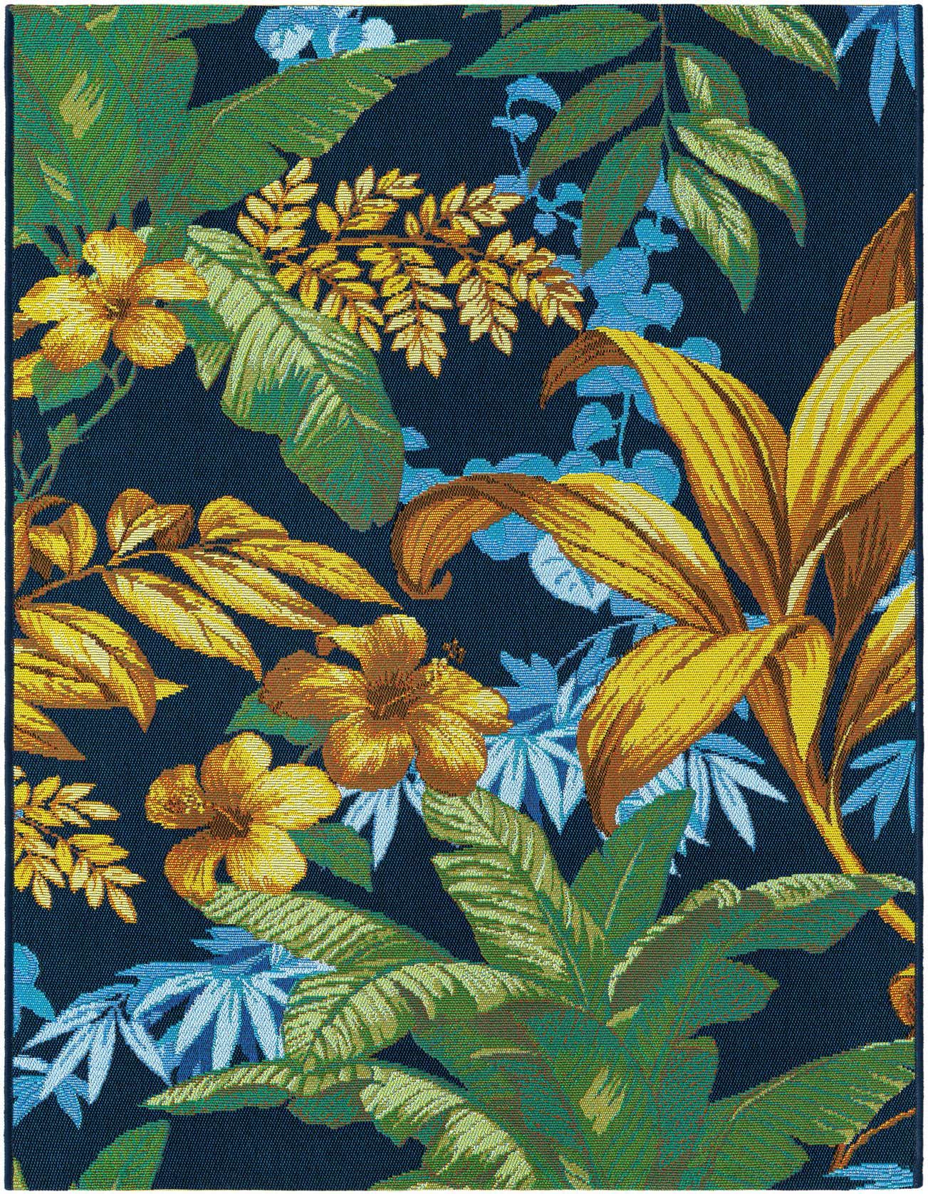 A 3x5 rectangular tropical rug featuring a vibrant botanical pattern with yellow hibiscus flowers and large green and blue leaves on a dark blue background.