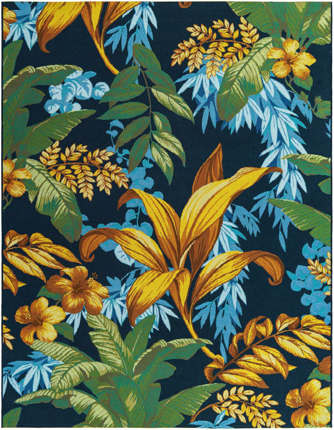 A 6x9 rectangular Rugs.com Outdoor Botanical rug with a vibrant multi-colored tropical floral pattern on a dark background, suitable for indoor/outdoor use.