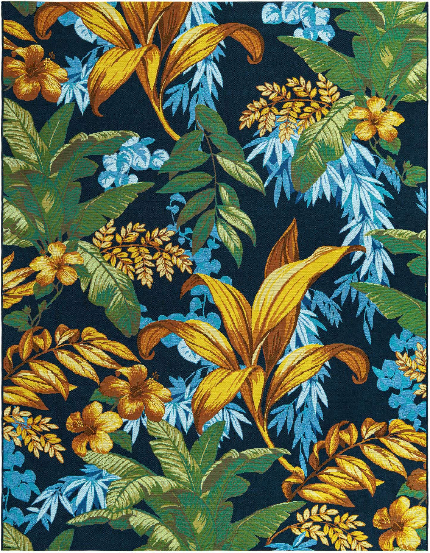 A 7x10 rectangular tropical rug featuring large golden-yellow leaves, green foliage, and light blue accents on a dark navy background.